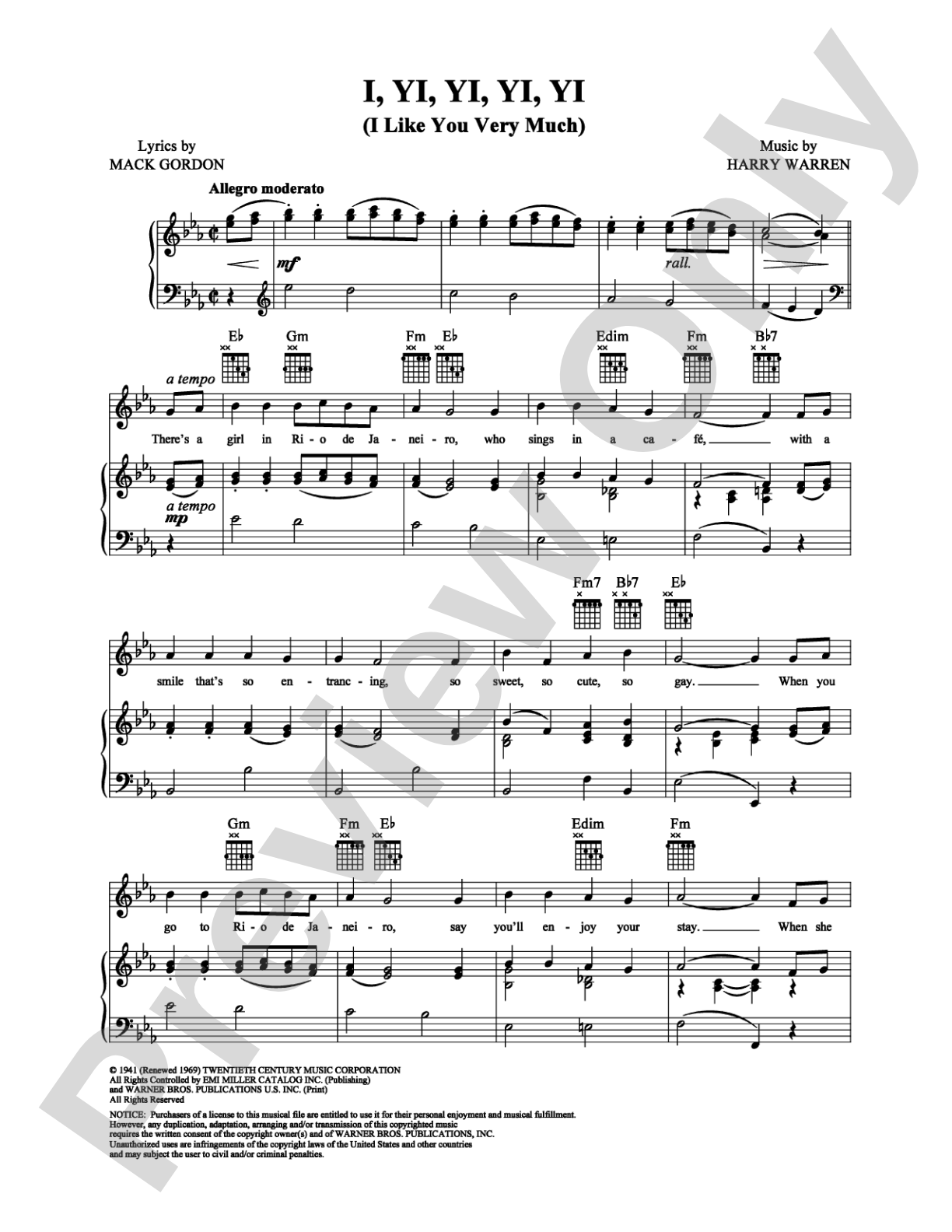 I, Yi, Yi, Yi, Yi (I Like You Very Much): Piano/Vocal/Chords Digital Sheet Music