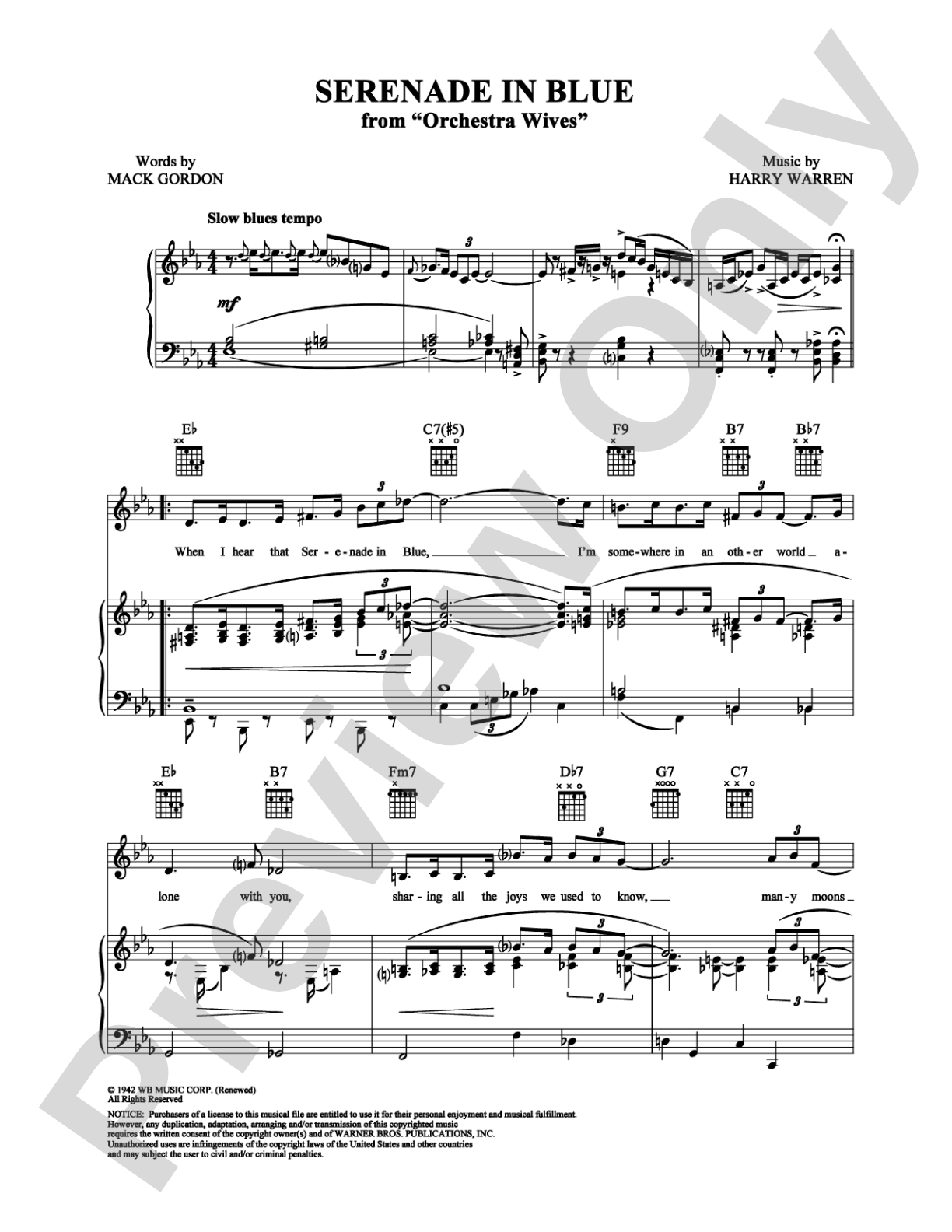 Serenade In Blue: Piano/Vocal/Chords Digital Sheet Music