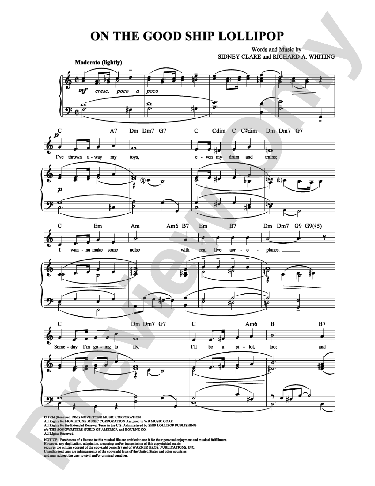 On the Good Ship Lollipop: Piano/Vocal/Chords Digital Sheet Music
