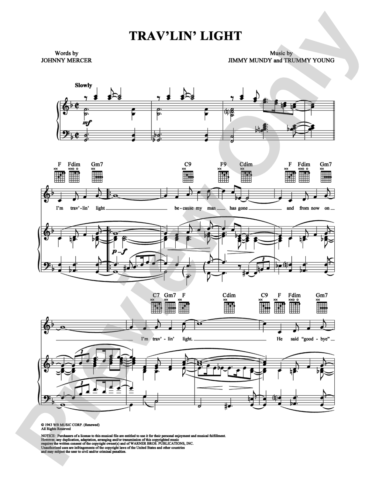 Trav'lin' Light: Piano/Vocal/Chords Digital Sheet Music
