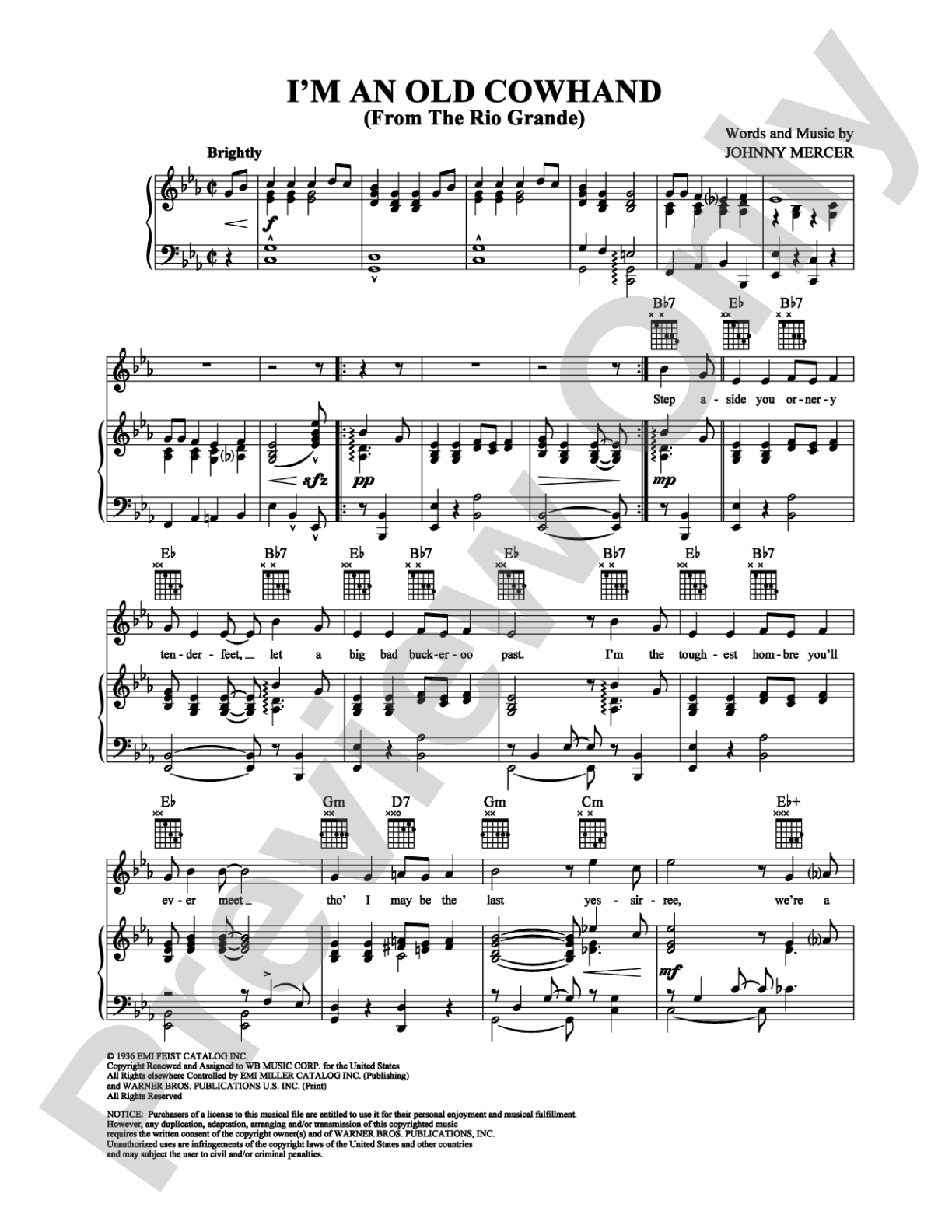 I'm an Old Cowhand: Piano/Vocal/Chords Digital Sheet Music