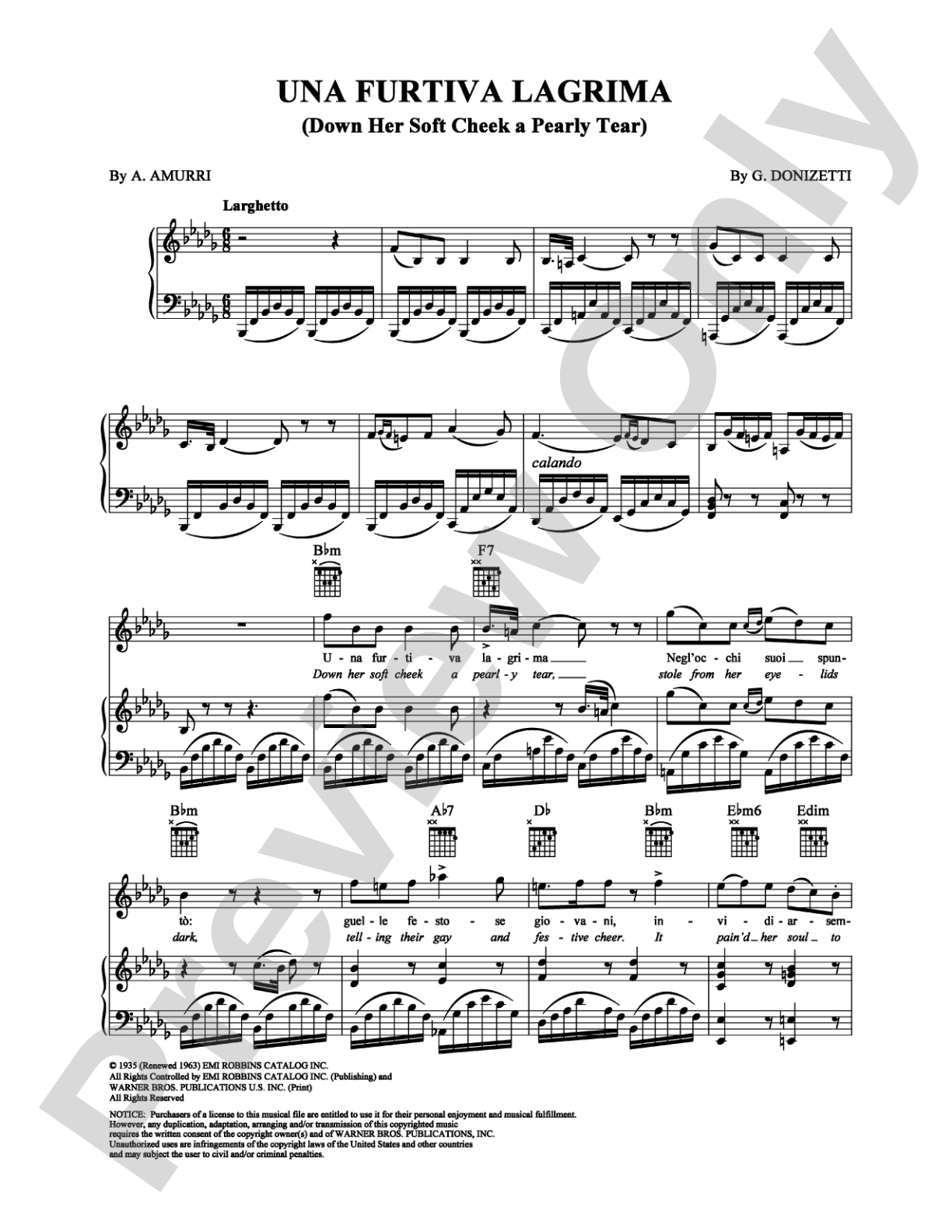 Una Furtiva Lagrima: Piano/Vocal/Chords Digital Sheet Music