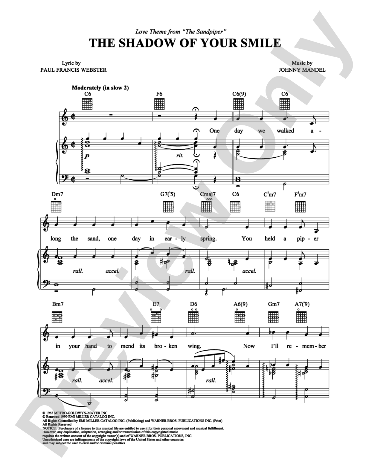 The Shadow of Your Smile: Piano/Vocal/Chords Digital Sheet Music