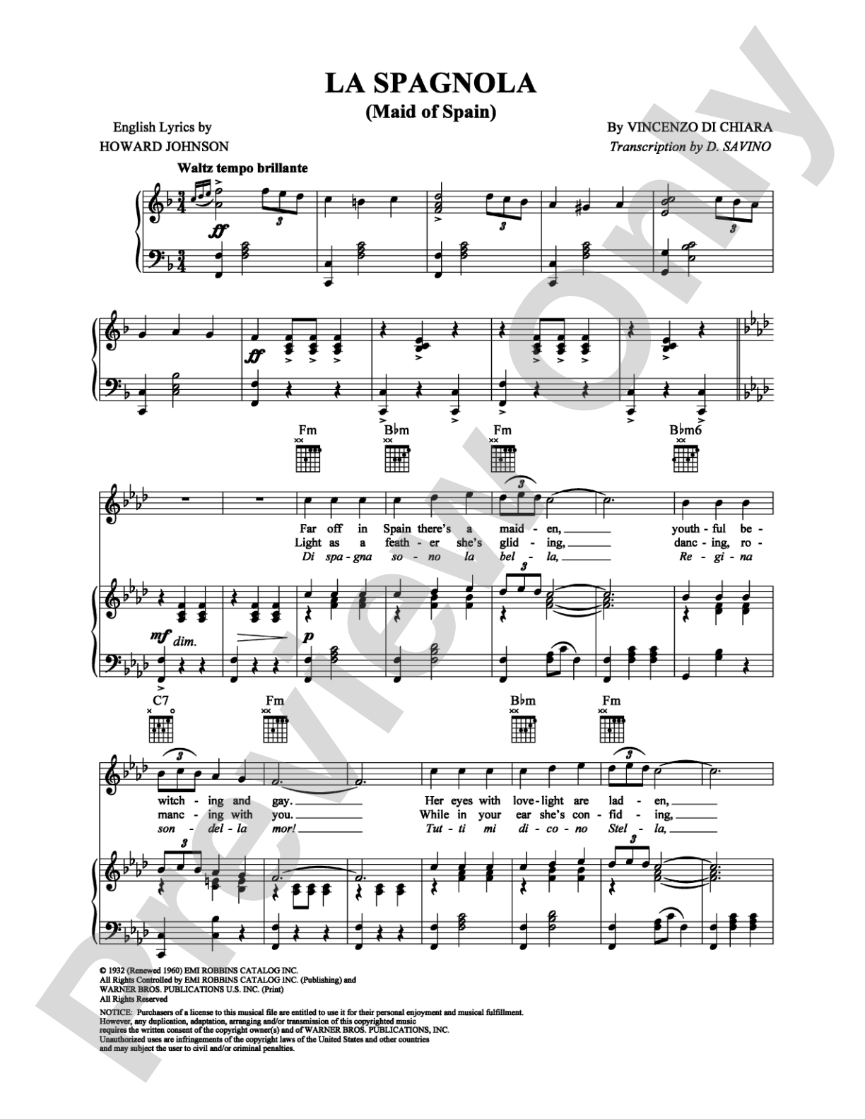 La Spagnola: Piano/Vocal/Chords Digital Sheet Music