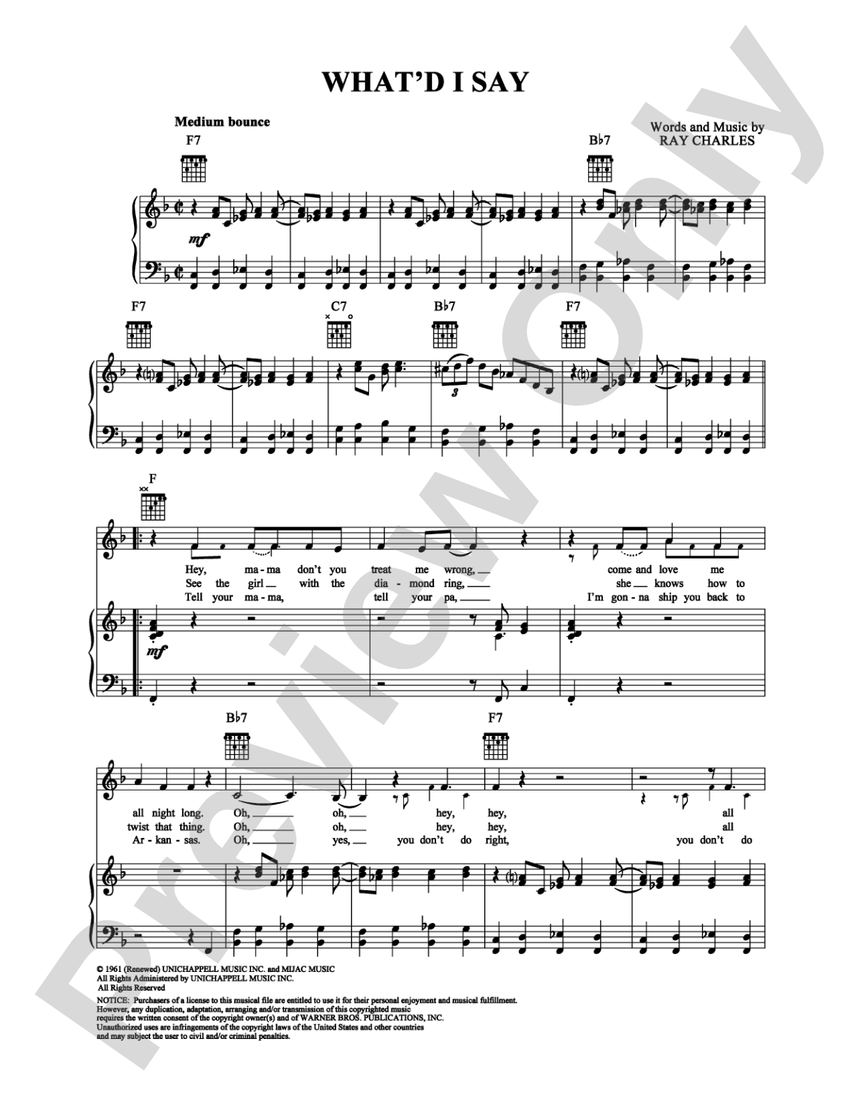 What'd I Say: Piano/Vocal/Chords Digital Sheet Music