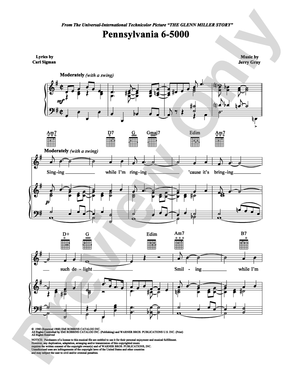 Pennsylvania 6-5000: Piano/Vocal/Chords Digital Sheet Music
