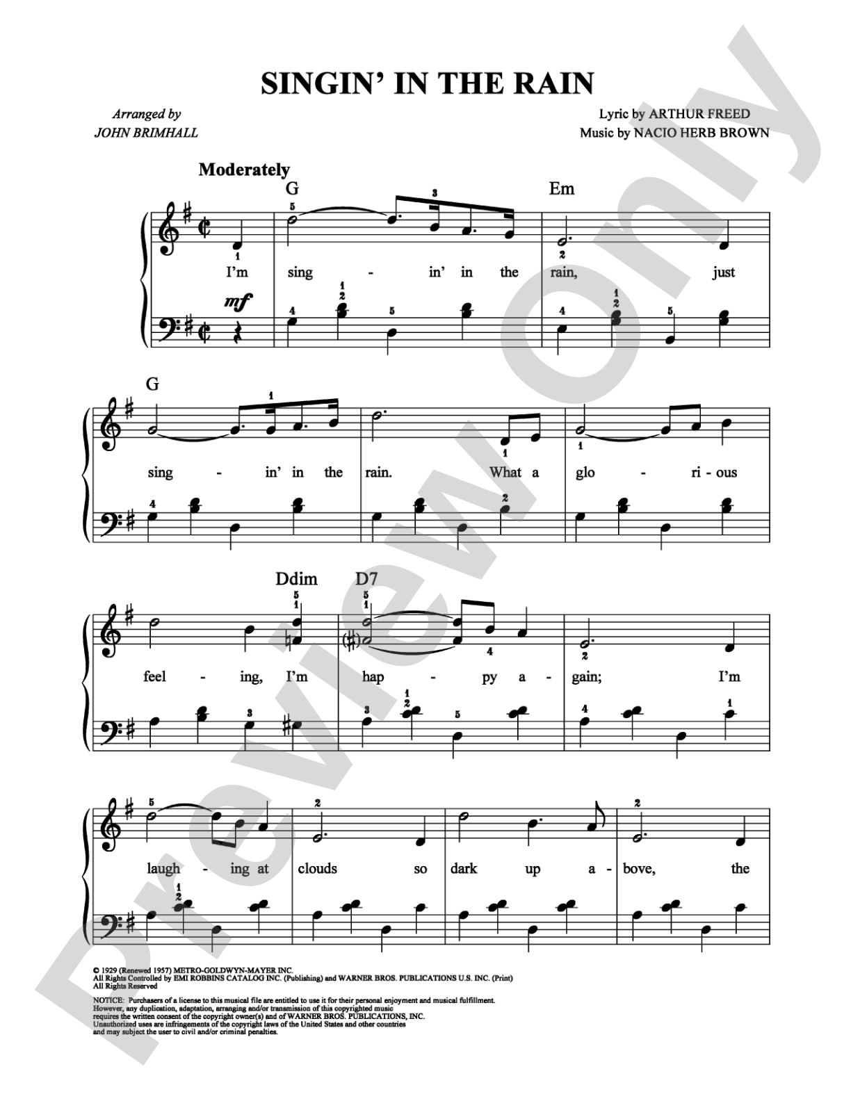 Singin' in the Rain: Easy Piano Digital Sheet Music