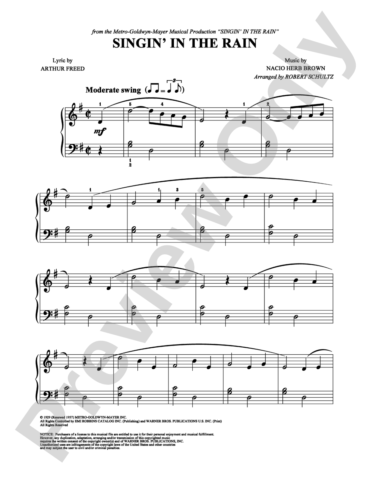 Singin' In The Rain: Easy Piano Digital Sheet Music