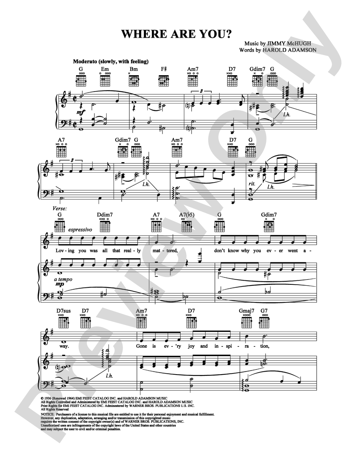 Where Are You?: Piano/Vocal/Chords Digital Sheet Music