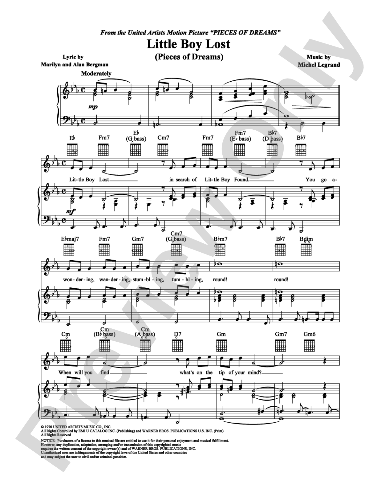 Little Boy Lost (Pieces of Dreams): Piano/Vocal/Chords Digital Sheet Music