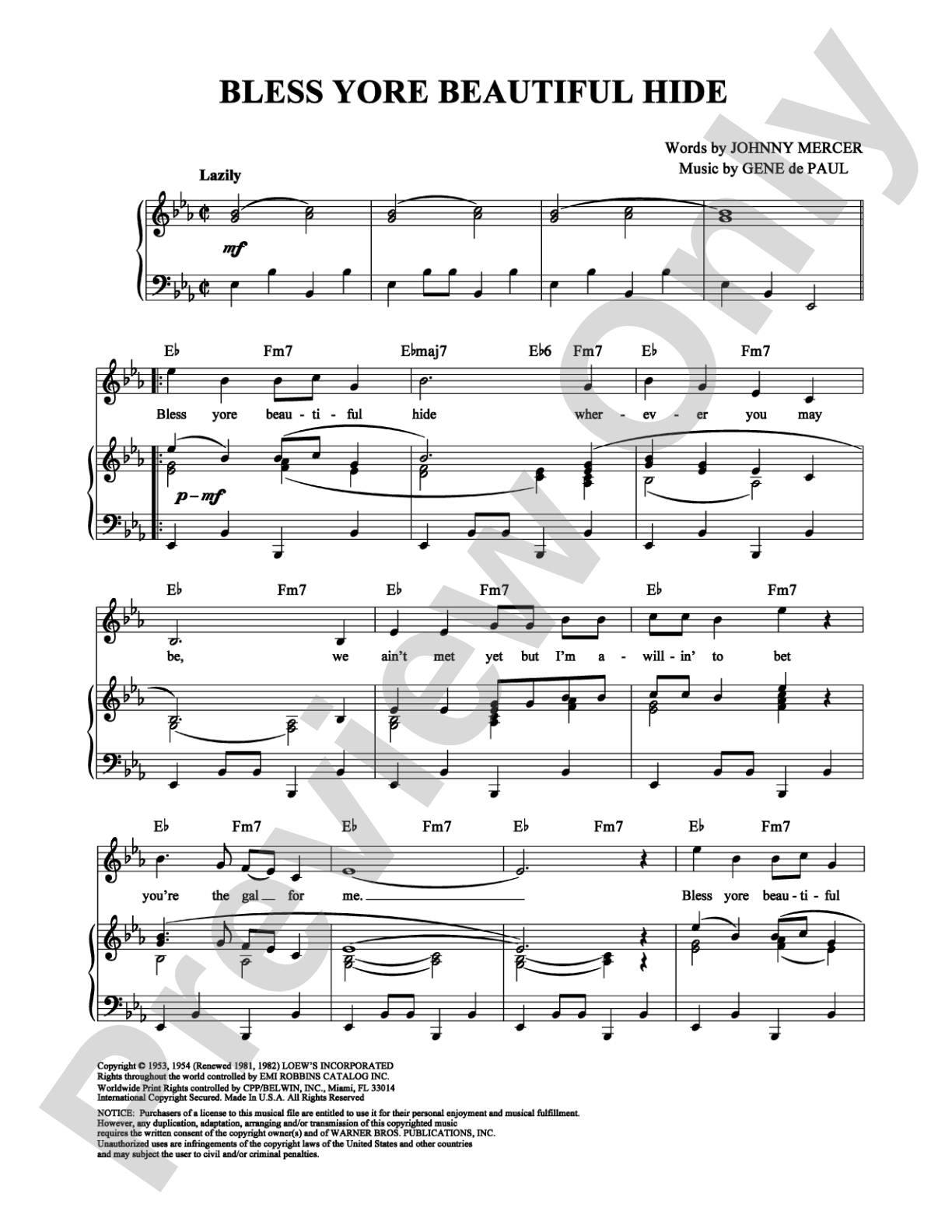 Bless Yore Beautiful Hide: Piano/Vocal/Chords Digital Sheet Music
