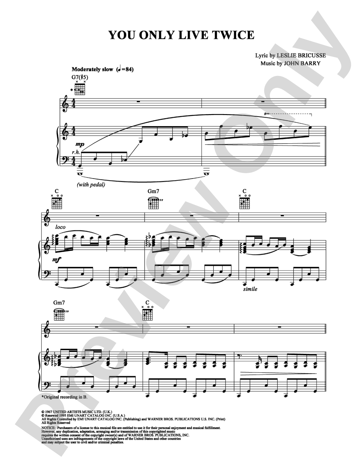 You Only Live Twice: Piano/Vocal/Chords Digital Sheet Music