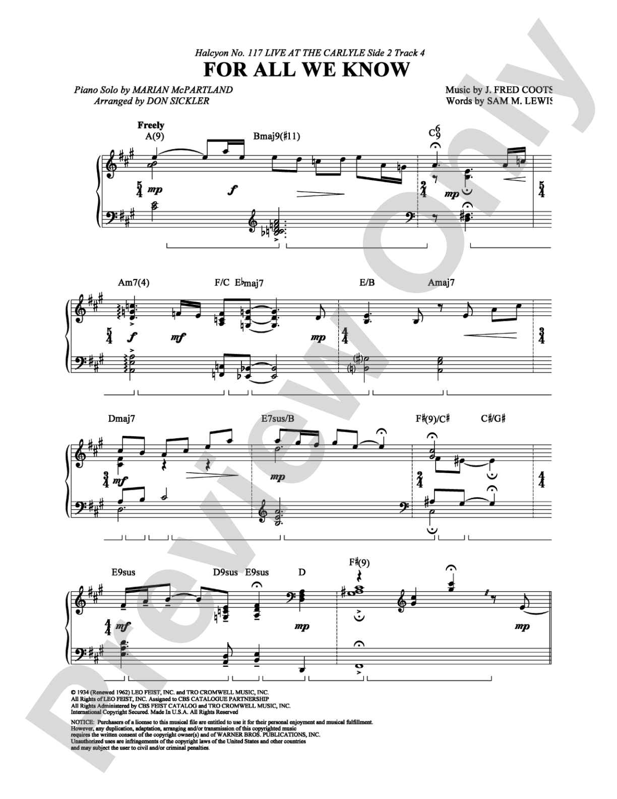 For All We Know: Piano Digital Sheet Music