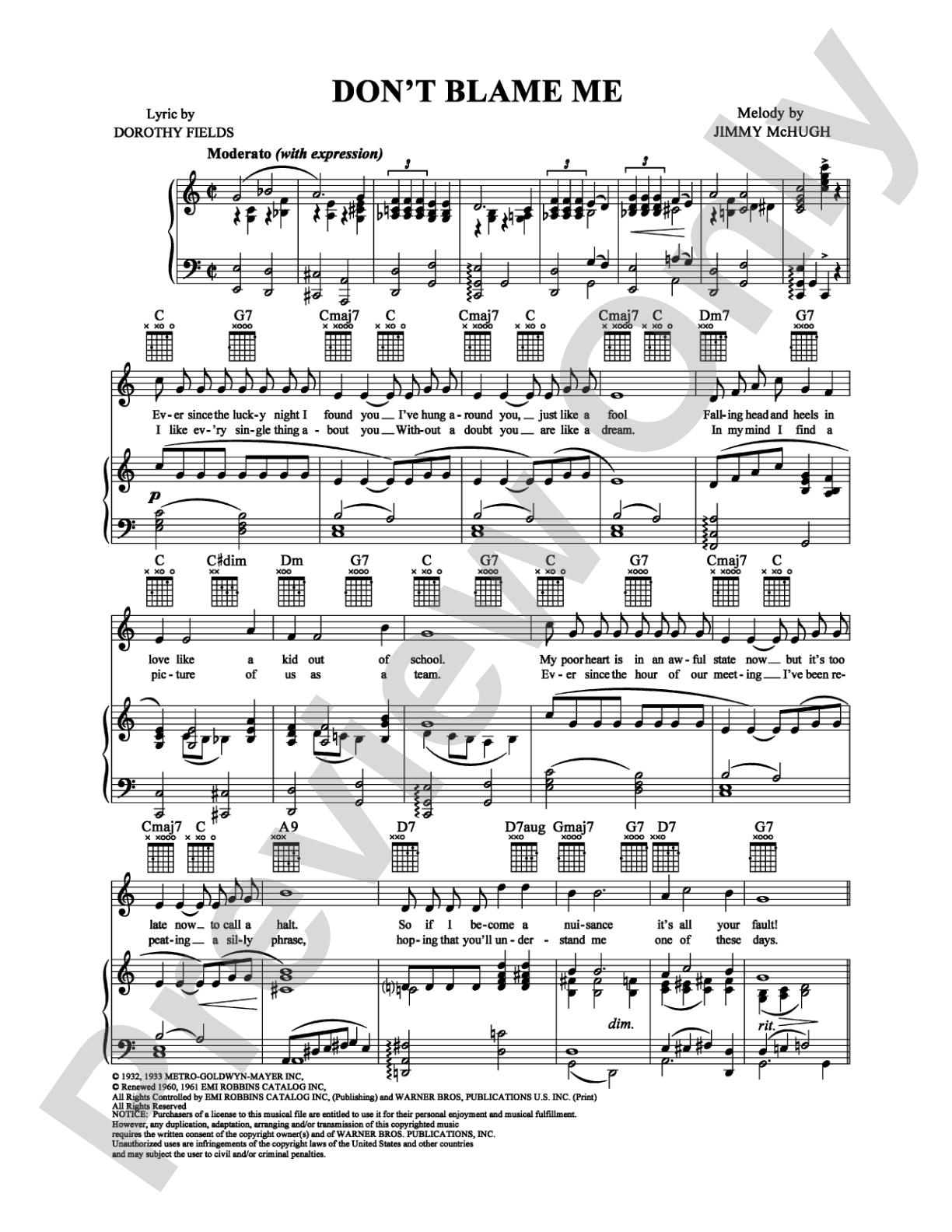 Don't Blame Me: Piano/Vocal/Chords Digital Sheet Music
