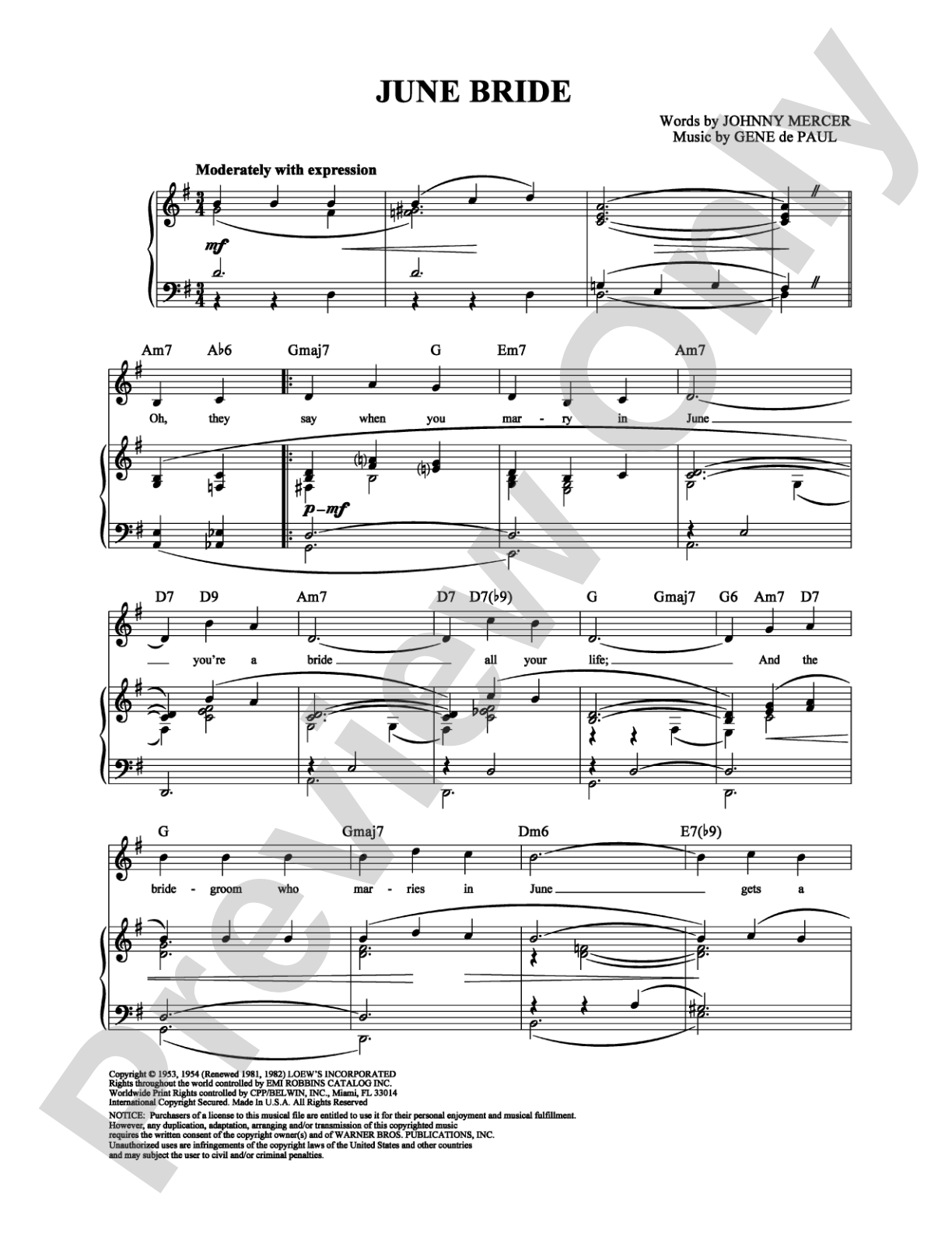 June Bride: Piano/Vocal/Chords Digital Sheet Music