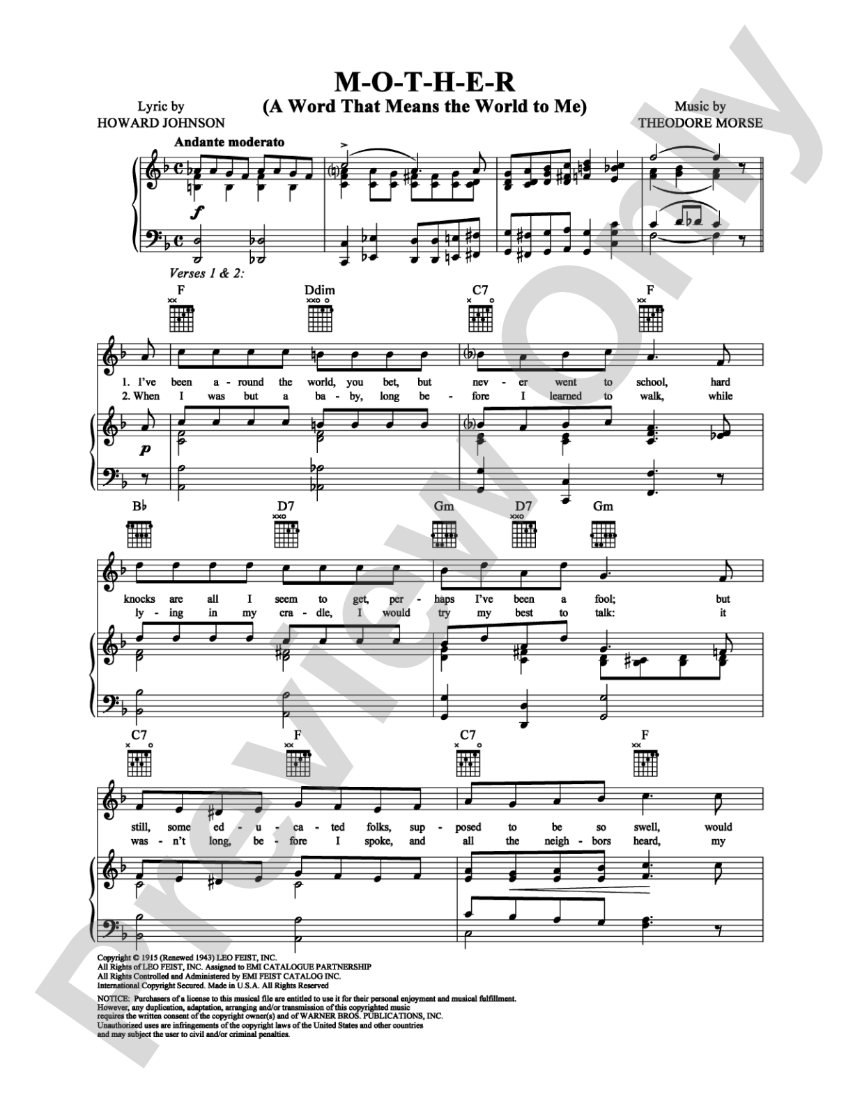 M-O-T-H-E-R: Piano/Vocal/Chords Digital Sheet Music
