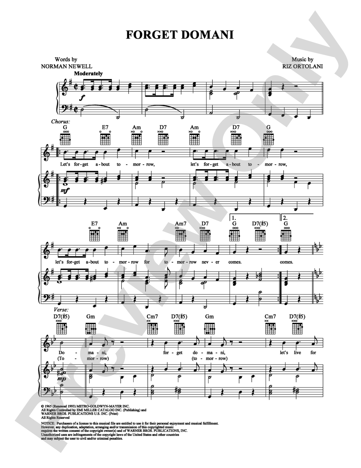 Forget Domani: Piano/Vocal/Chords Digital Sheet Music
