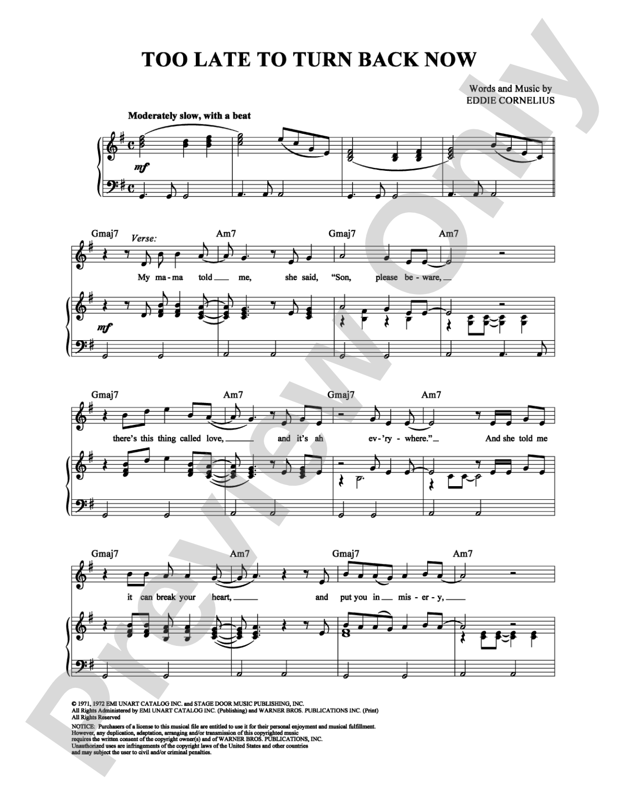 Too Late to Turn Back Now: Piano/Vocal/Chords Digital Sheet Music