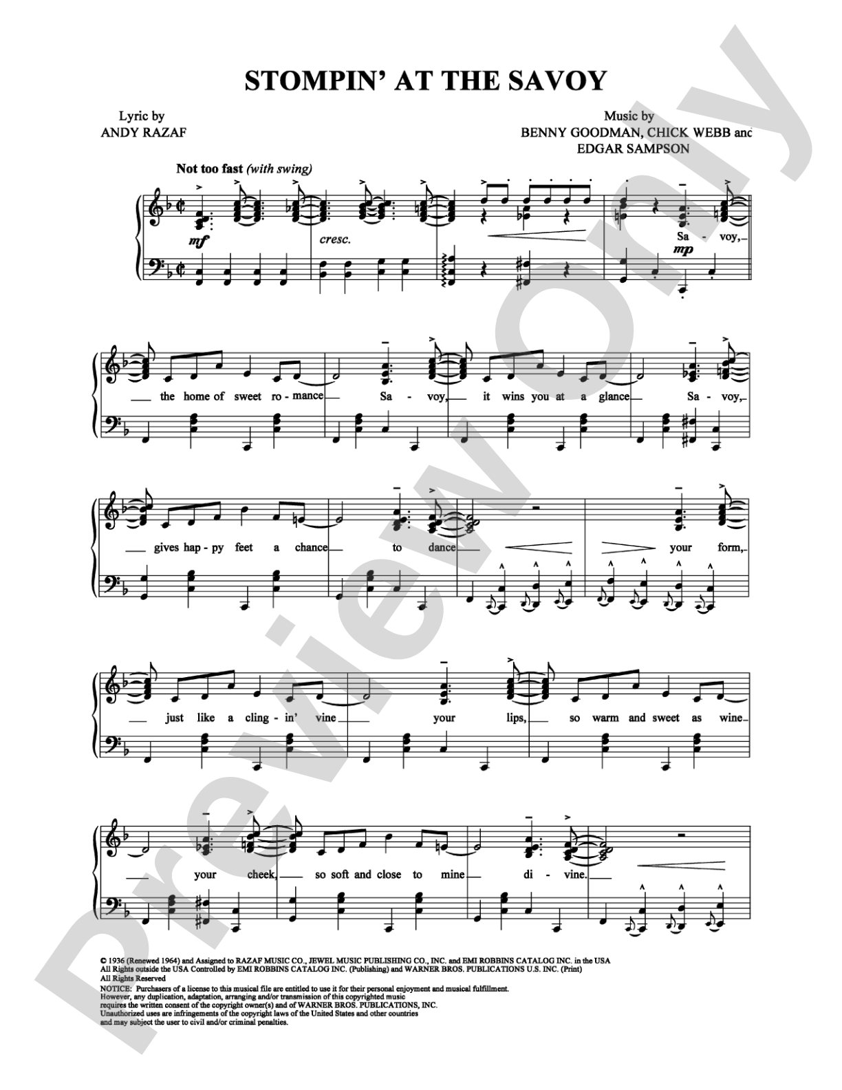 Stompin' At The Savoy: Piano/Vocal/Chords Digital Sheet Music