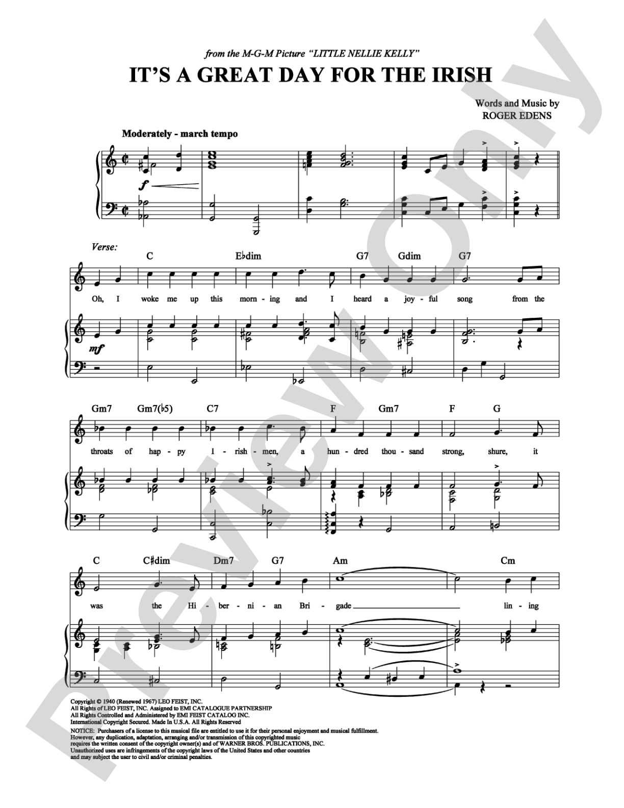 It's a Great Day for the Irish: Piano/Vocal/Chords Digital Sheet Music