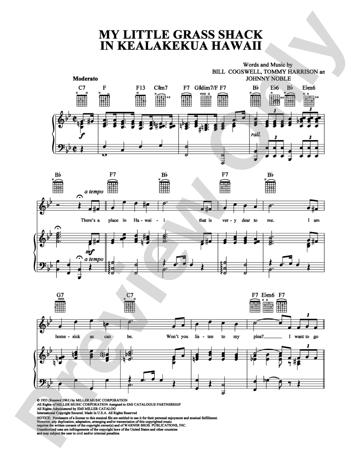 My Little Grass Shack in Kealakekua Hawaii: Piano/Vocal/Chords Digital Sheet Music