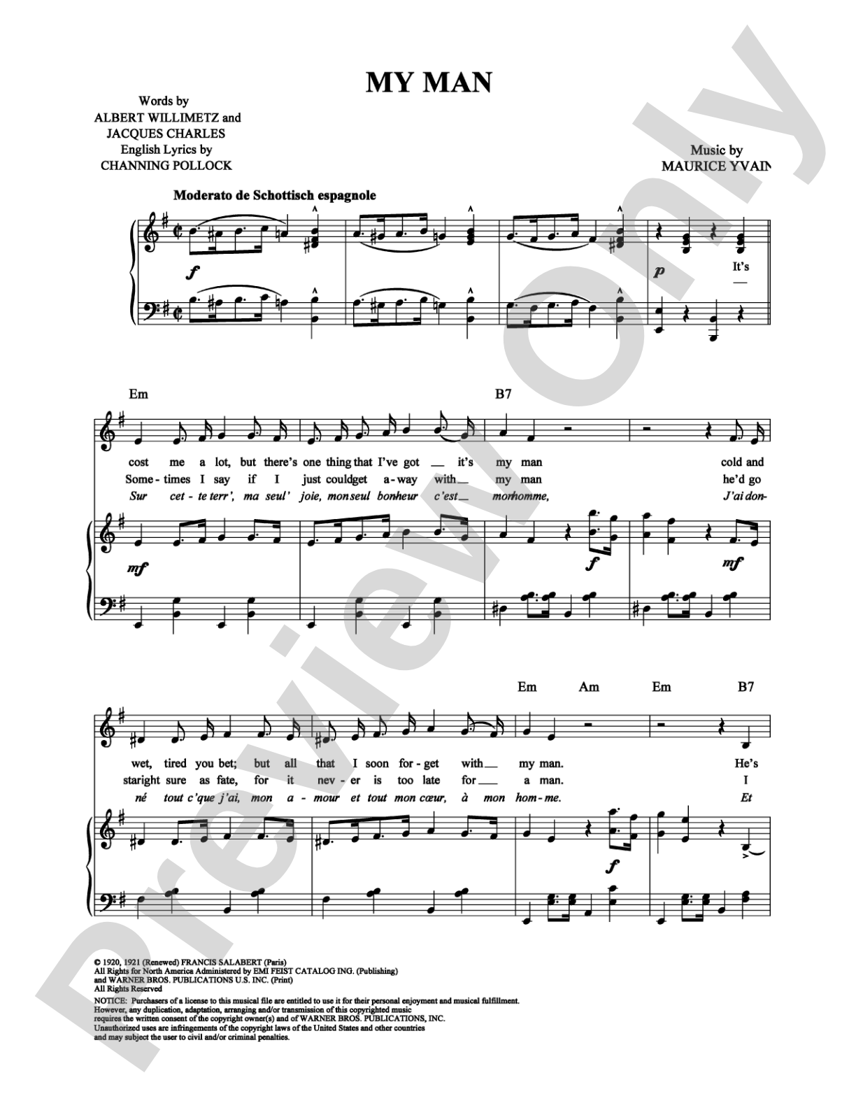 My Man: Piano/Vocal/Chords Digital Sheet Music