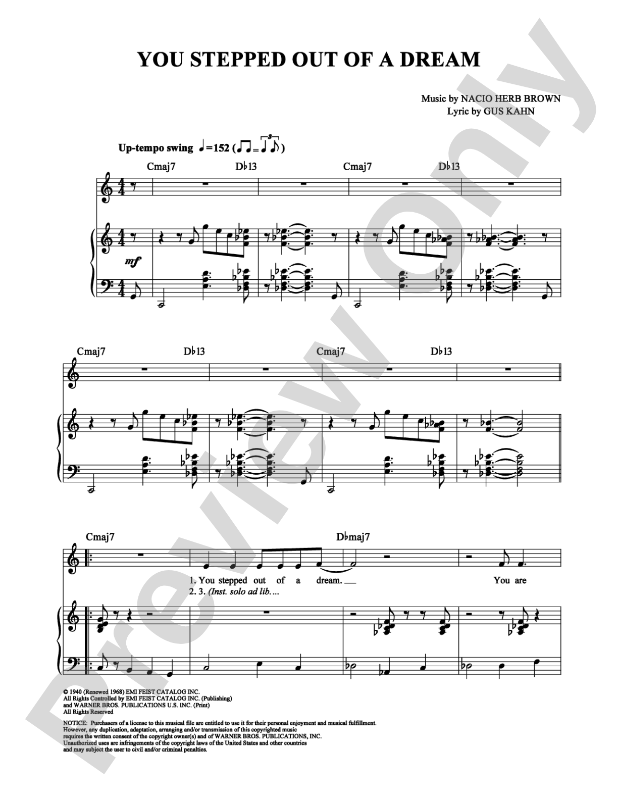 You Stepped Out of a Dream: Piano/Vocal/Chords Digital Sheet Music
