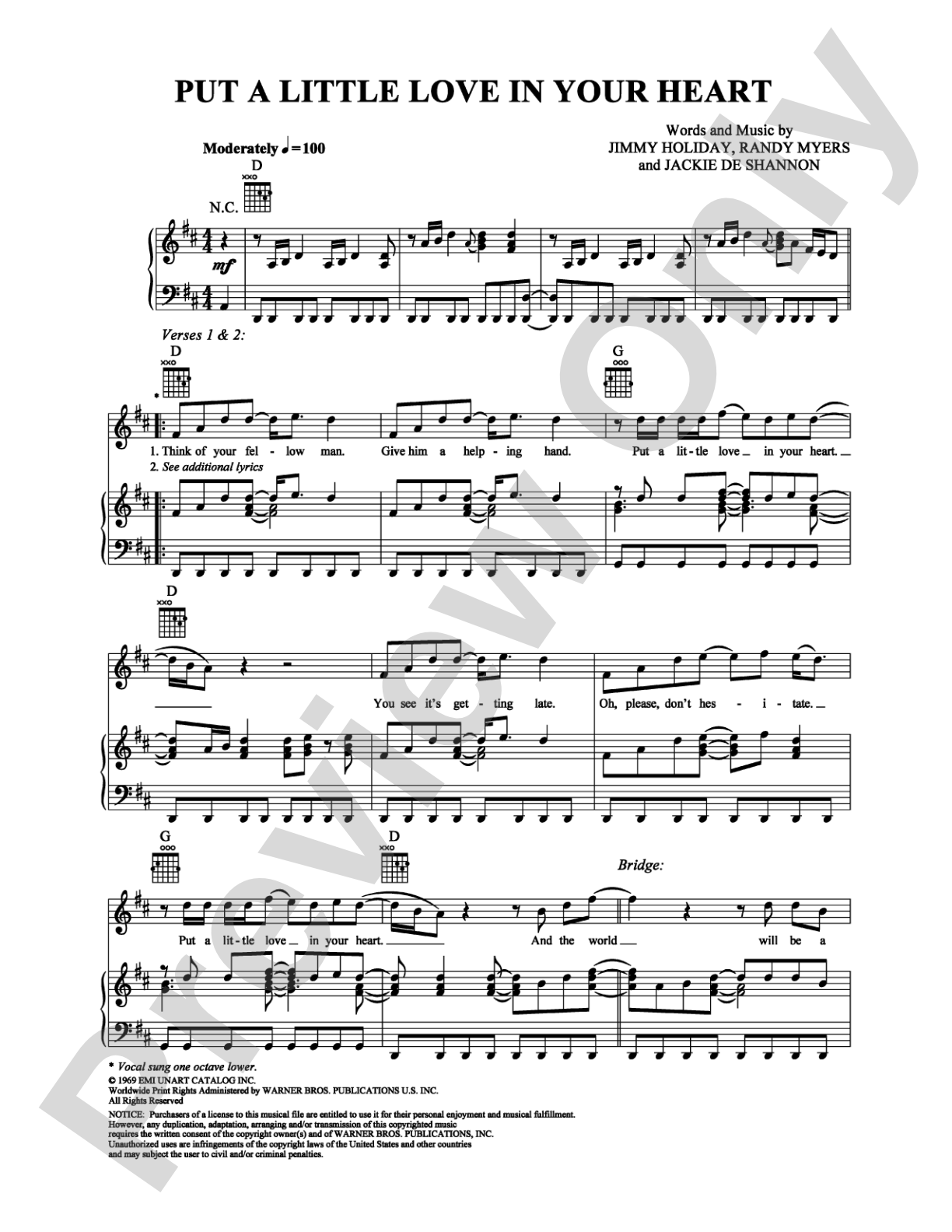 Put a Little Love in Your Heart: Piano/Vocal/Chords Digital Sheet Music