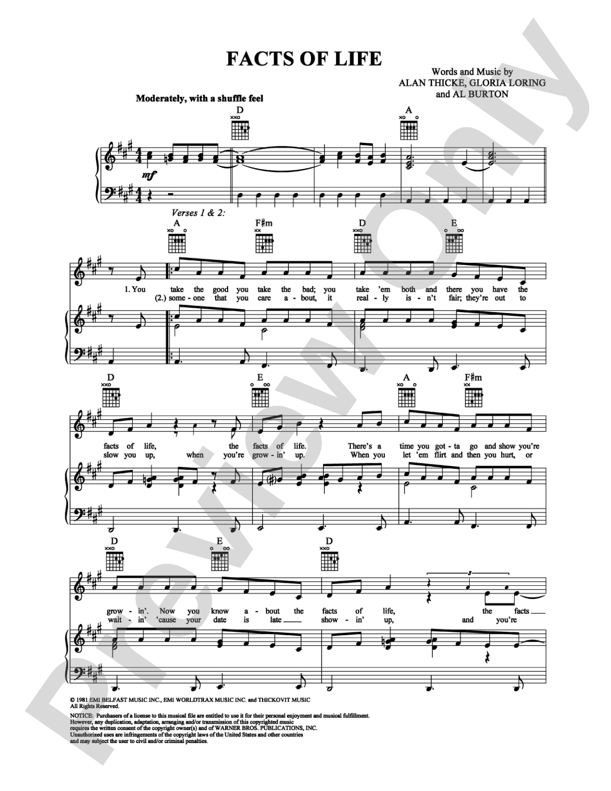 Facts of Life: Piano/Vocal/Chords Digital Sheet Music