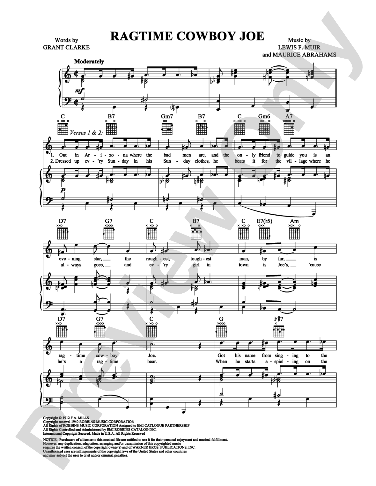 Ragtime Cowboy Joe: Piano/Vocal/Chords Digital Sheet Music