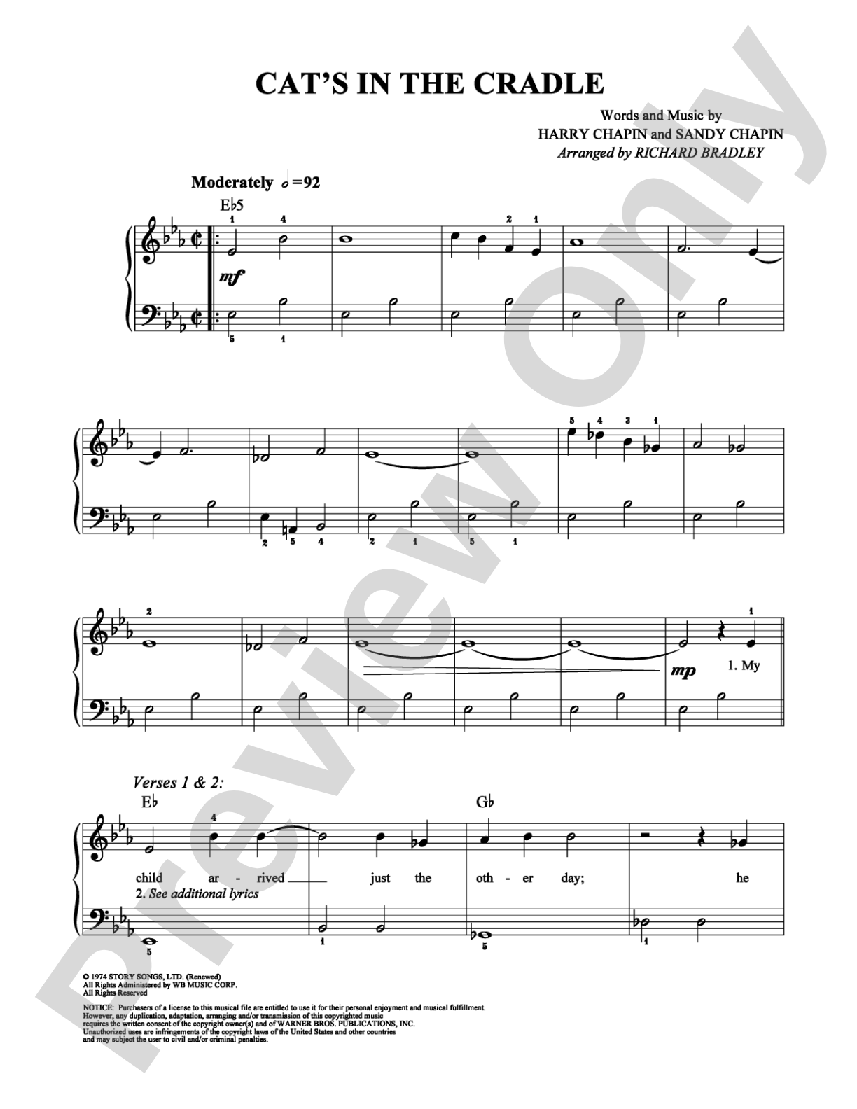 Cat's in the Cradle: Easy Piano Digital Sheet Music