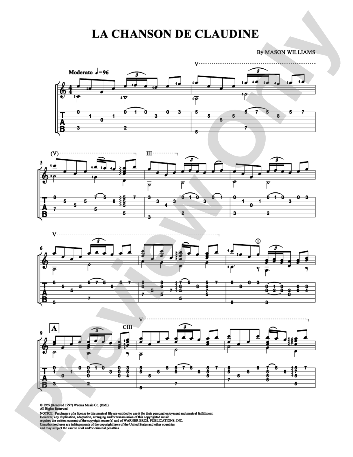 La Chanson de Claudine: Guitar TAB Digital Sheet Music