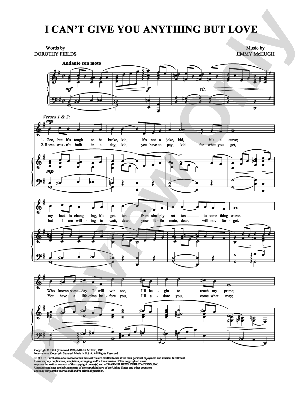 I Can't Give You Anything But Love: Piano/Vocal/Chords Digital Sheet Music