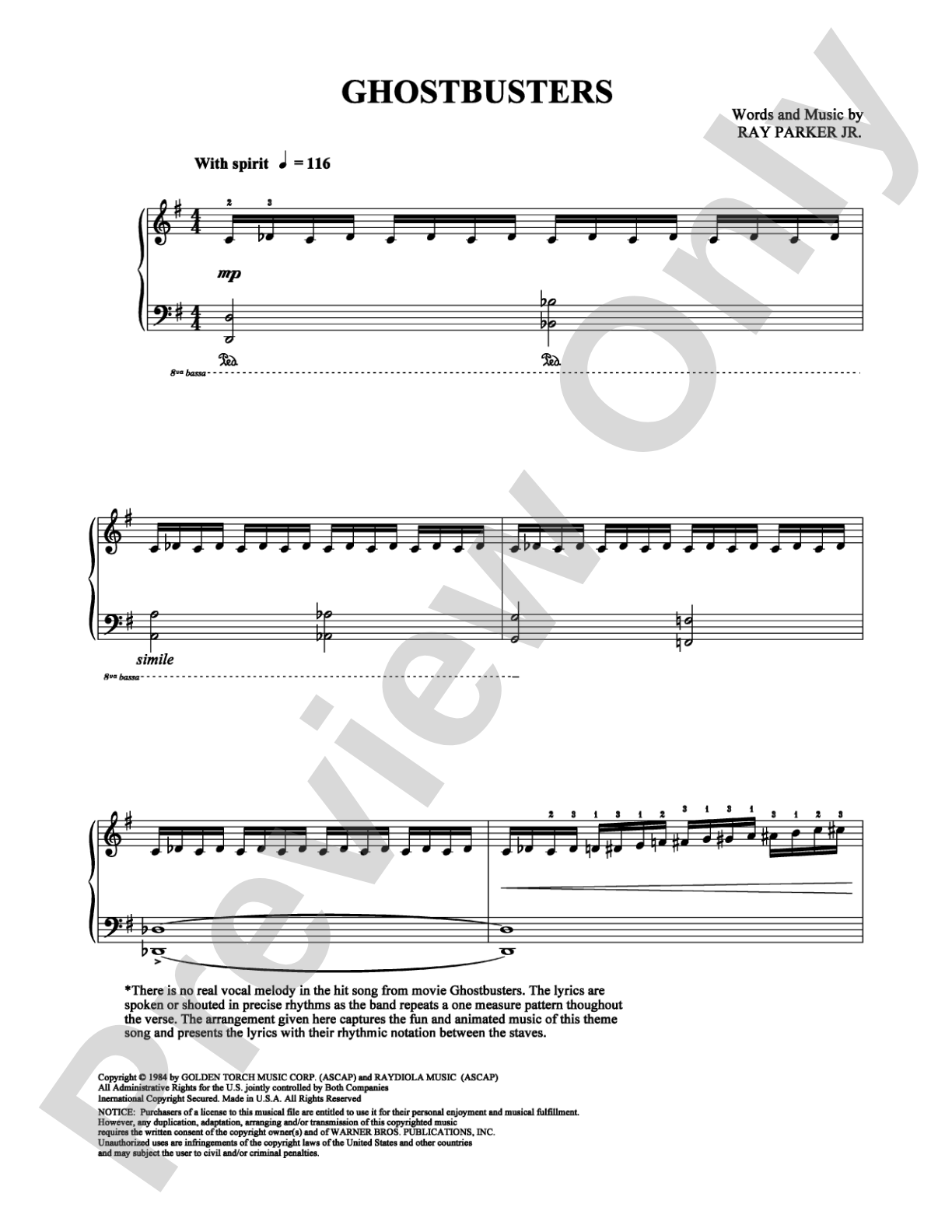 Ghostbusters: Piano/Vocal/Chords Digital Sheet Music
