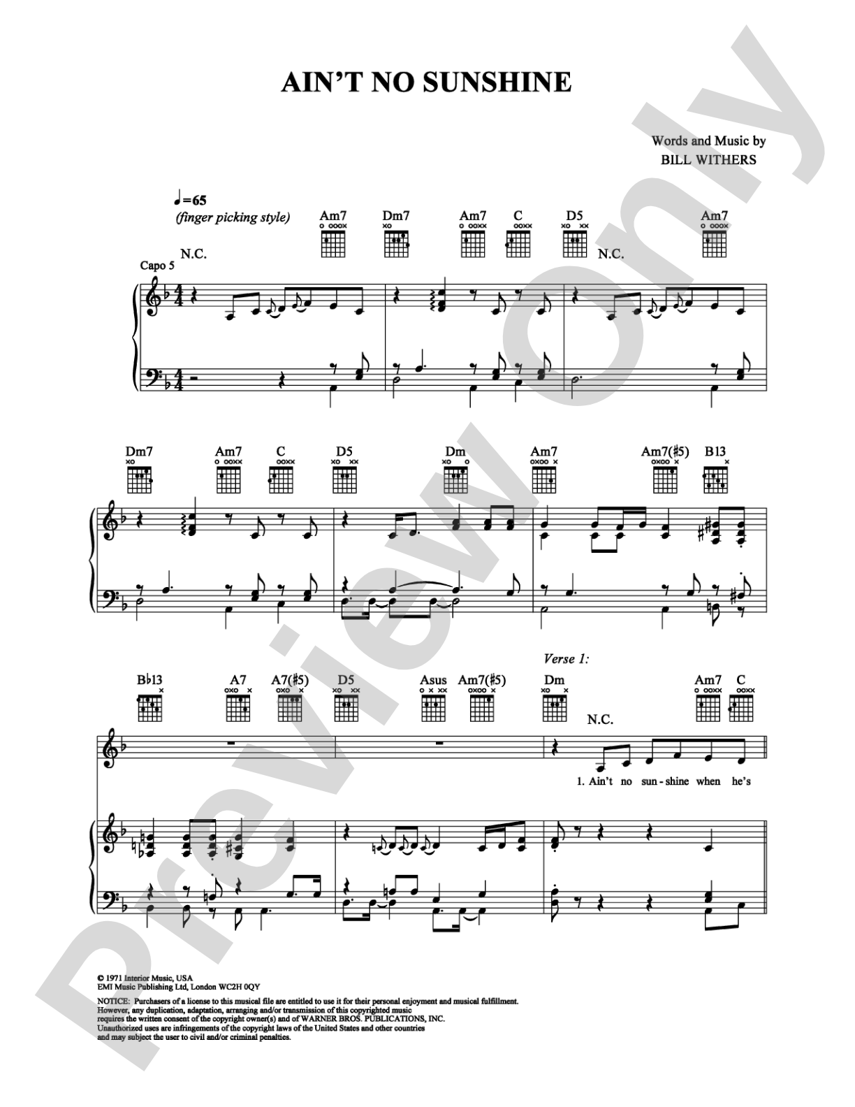 Ain't No Sunshine: Piano/Vocal/Chords Digital Sheet Music