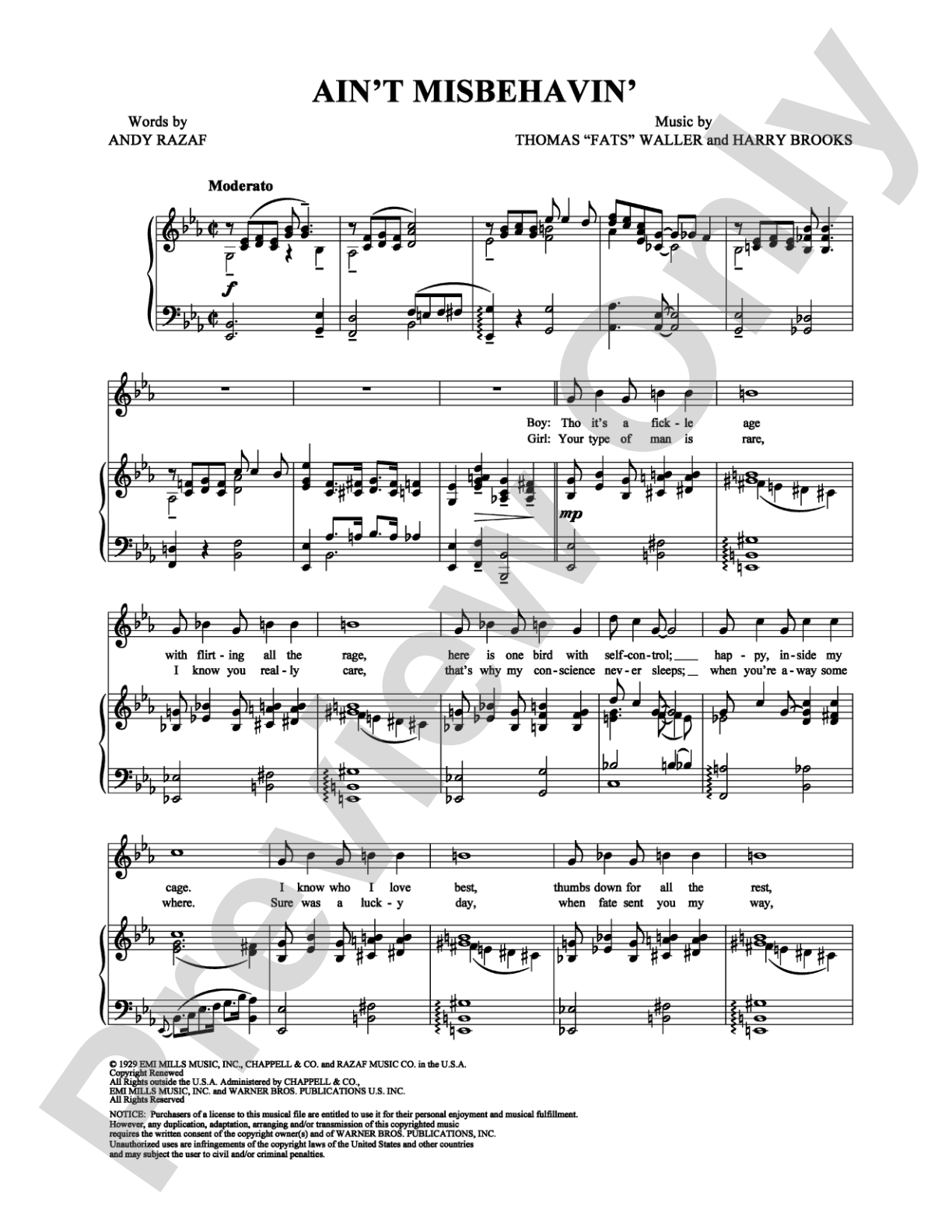 Ain't Misbehavin': Piano/Vocal/Chords Digital Sheet Music