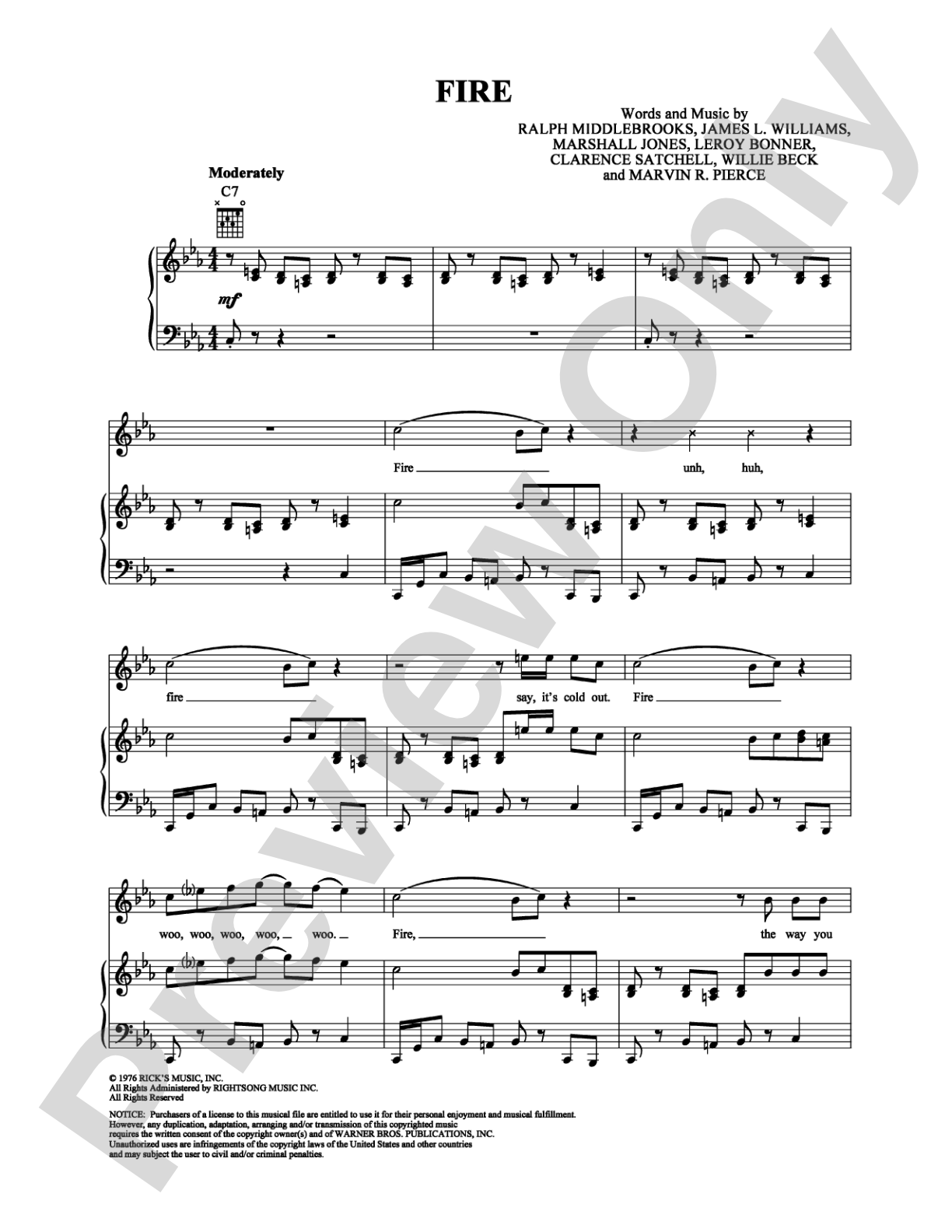 Fire: Piano/Vocal/Chords Digital Sheet Music