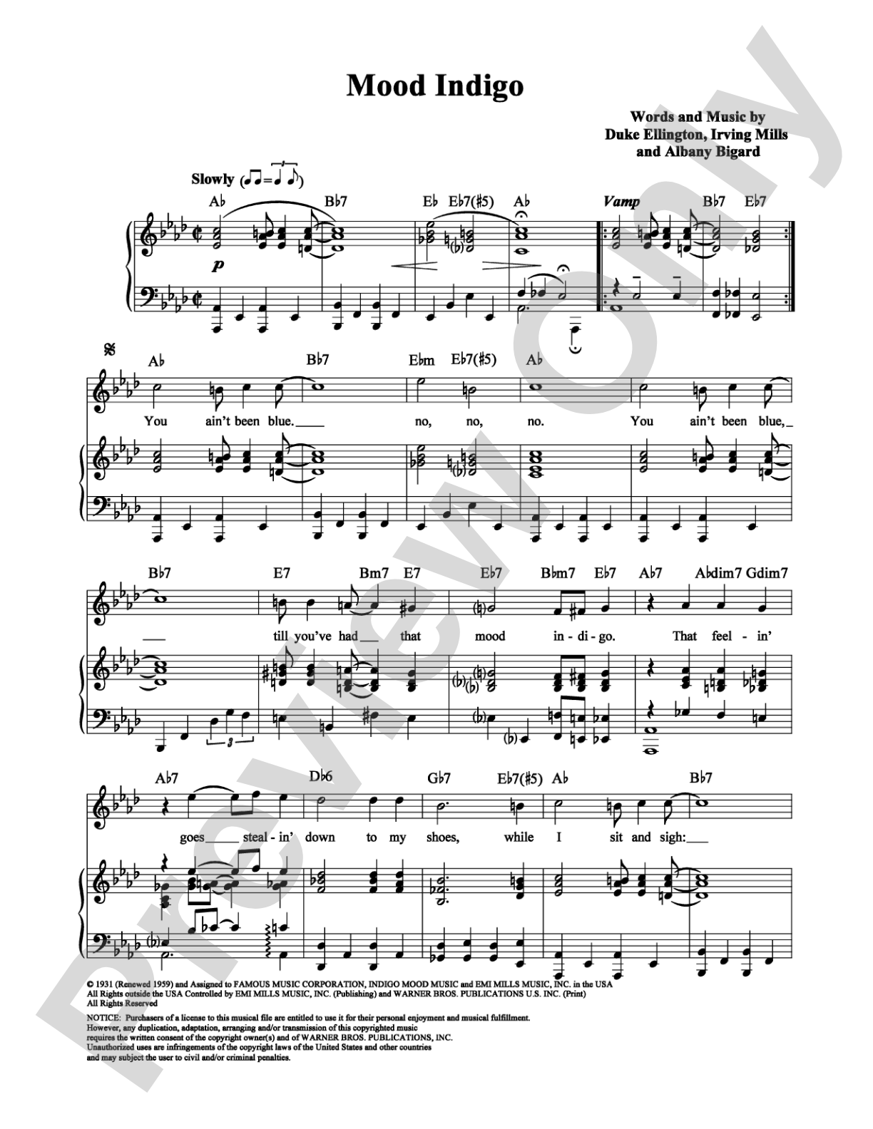 Mood Indigo: Piano/Vocal/Chords Digital Sheet Music