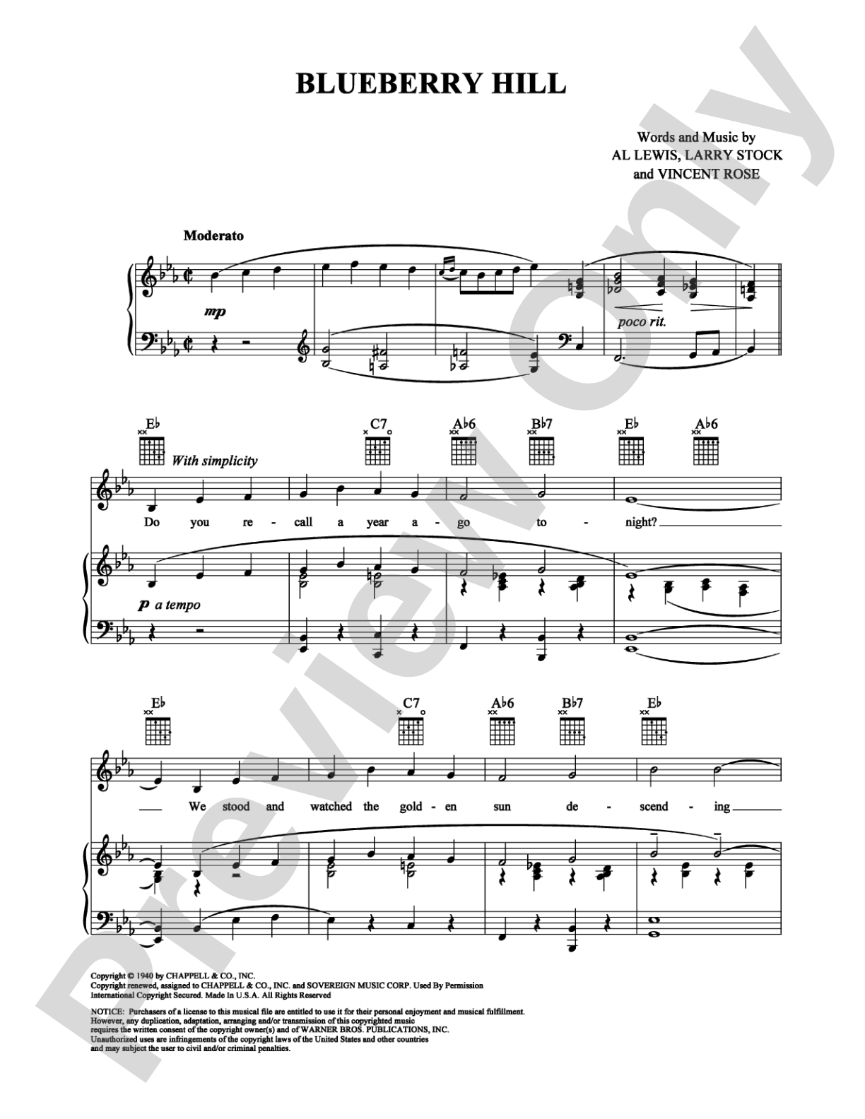 Blueberry Hill: Piano/Vocal/Chords Digital Sheet Music