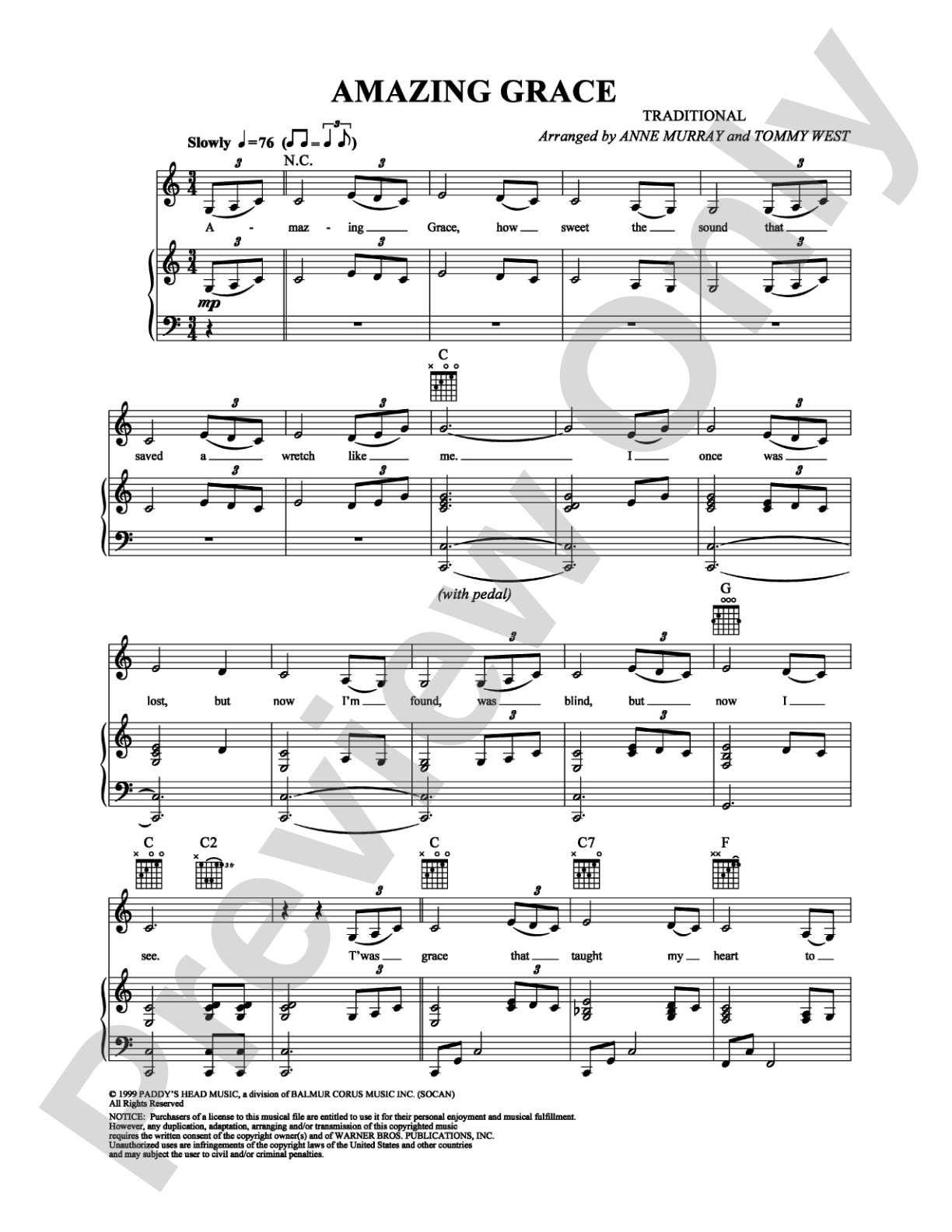 Amazing Grace: Piano/Vocal/Chords Digital Sheet Music