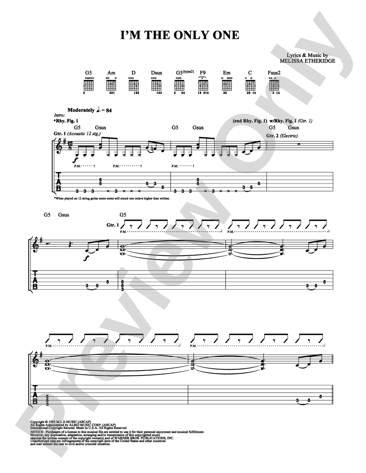 I'm the Only One: Guitar TAB Digital Sheet Music