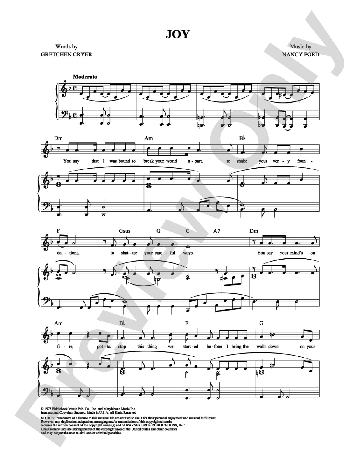 Joy: Piano/Vocal/Chords Digital Sheet Music
