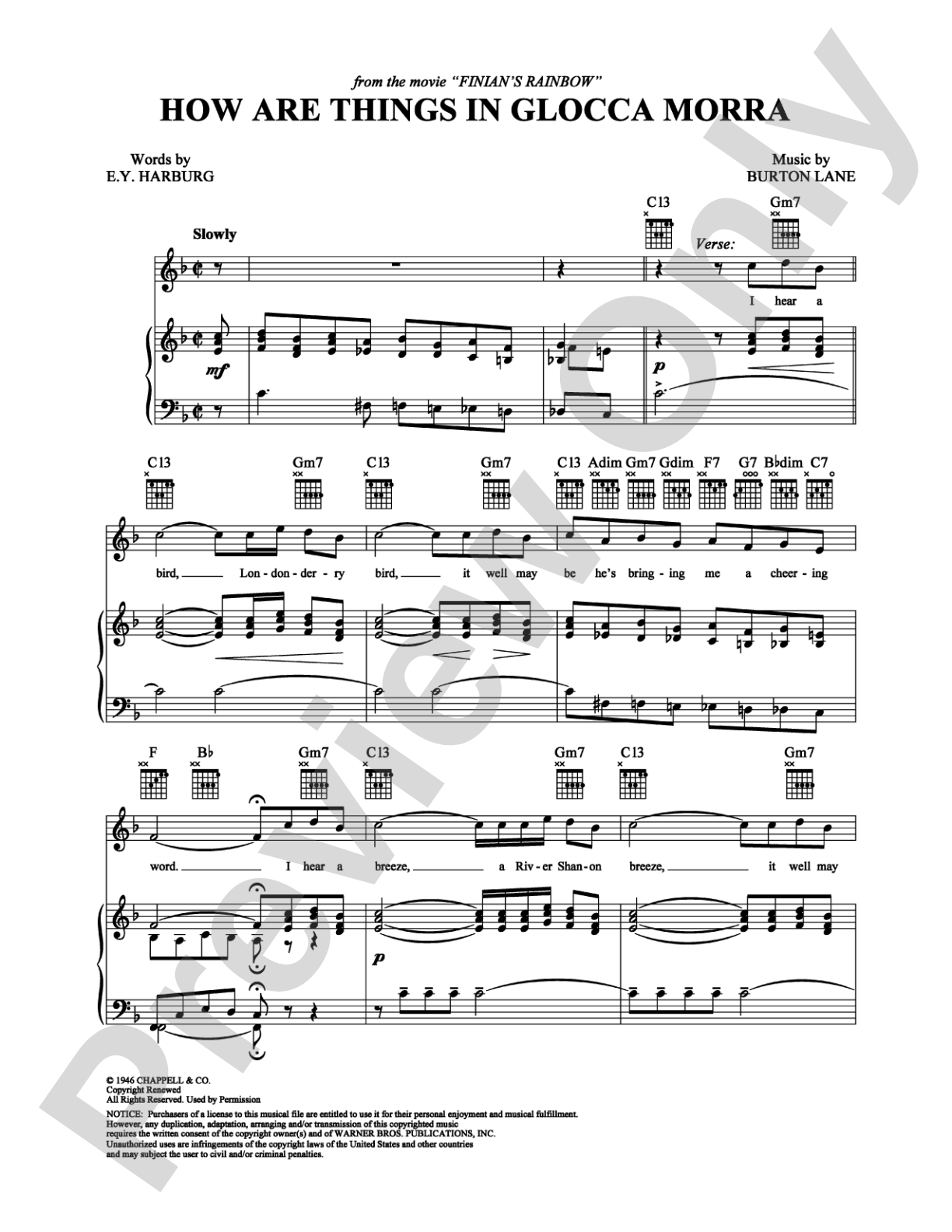 How Are Things in Glocca Morra: Piano/Vocal/Chords Digital Sheet Music