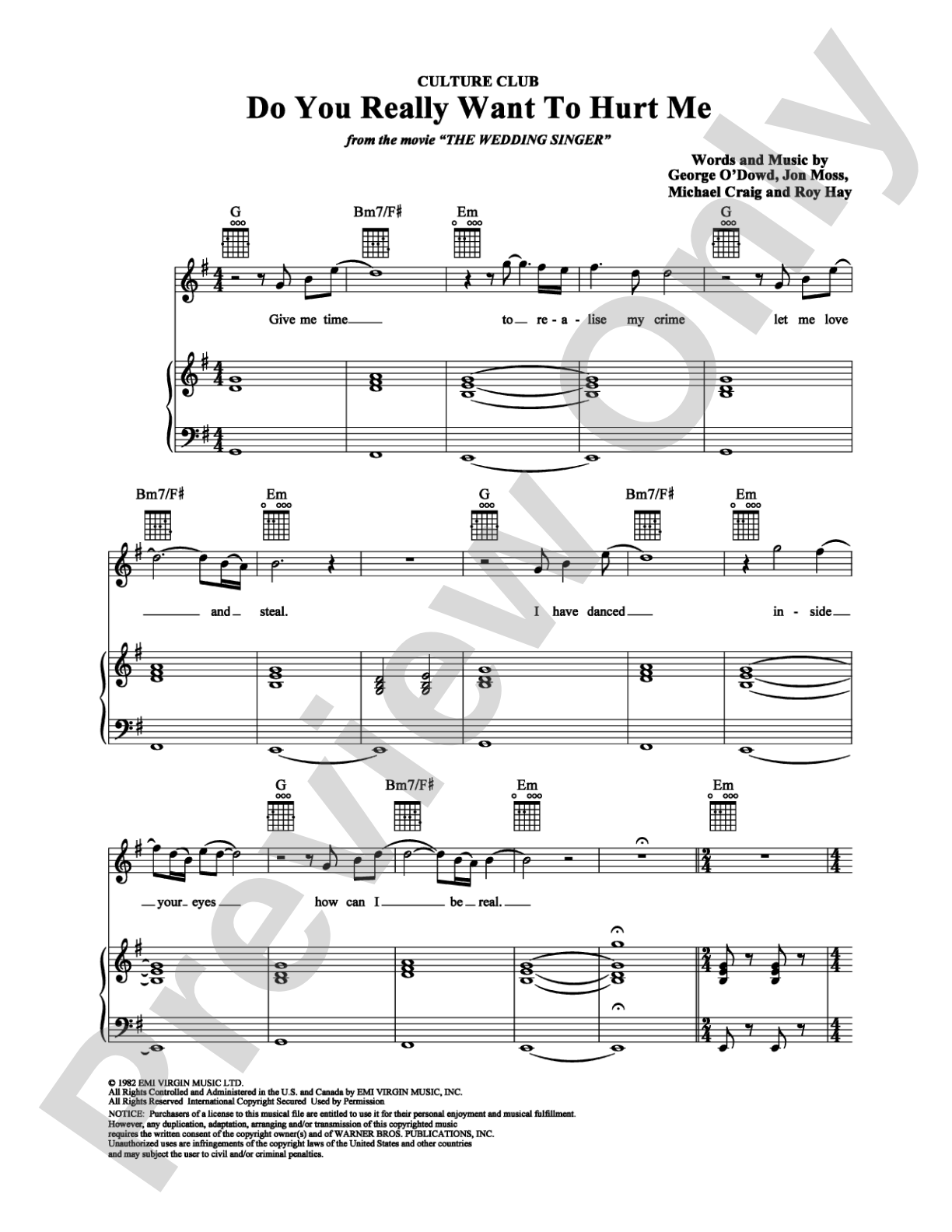 Do You Really Want to Hurt Me: Piano/Vocal/Chords Digital Sheet Music