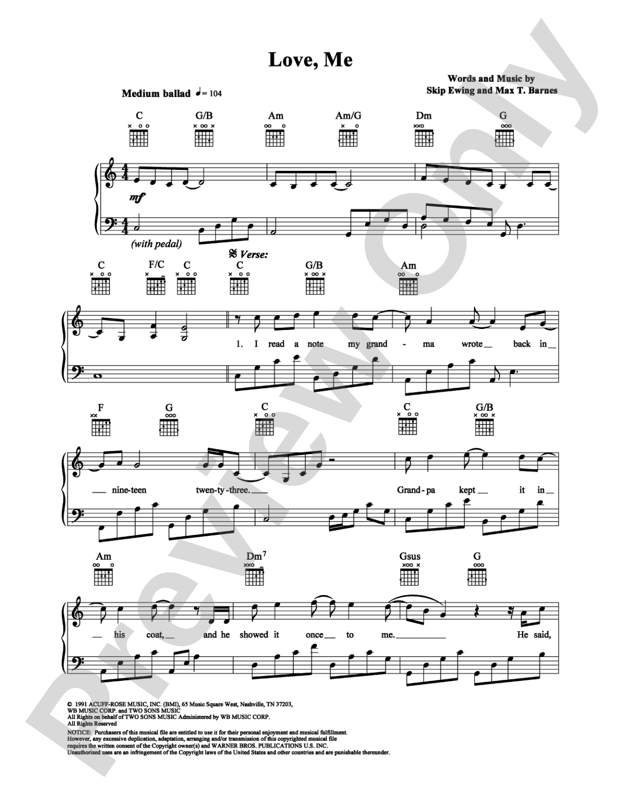Love, Me: Piano/Vocal/Chords Digital Sheet Music
