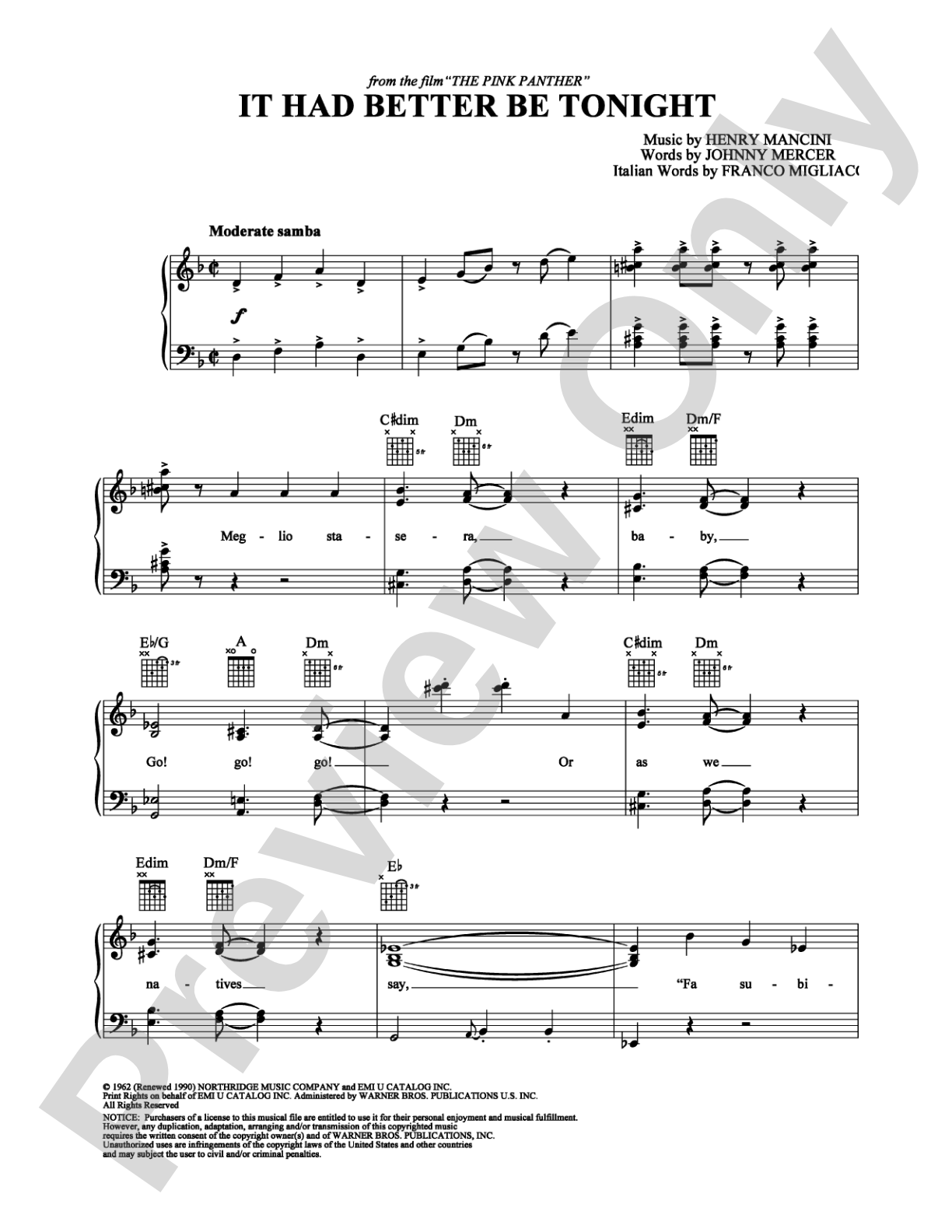 It Had Better Be Tonight: Piano/Vocal/Chords Digital Sheet Music