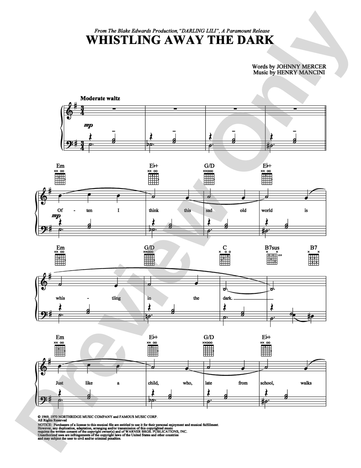 Whistling Away the Dark: Piano/Vocal/Chords Digital Sheet Music