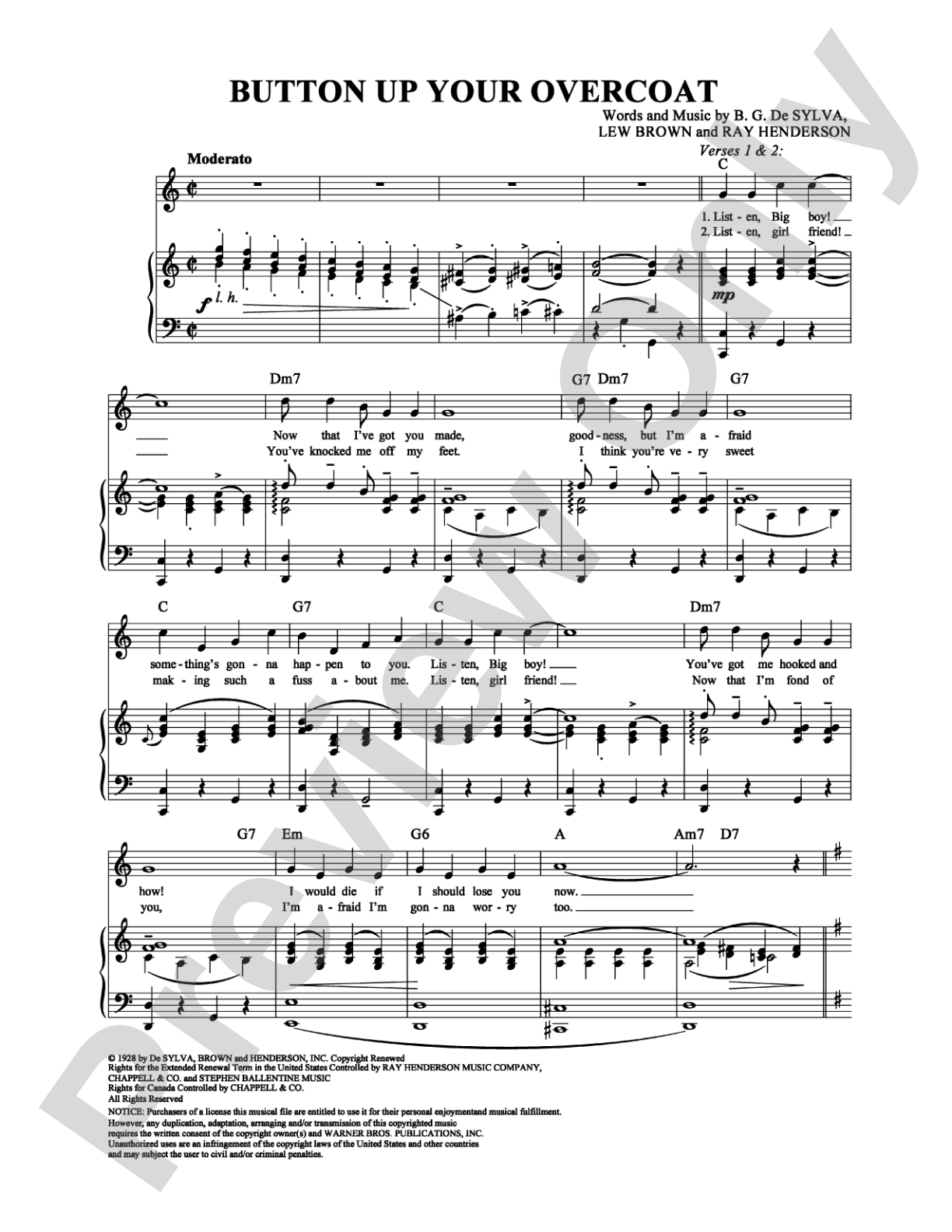 Button Up Your Overcoat: Piano/Vocal/Chords Digital Sheet Music