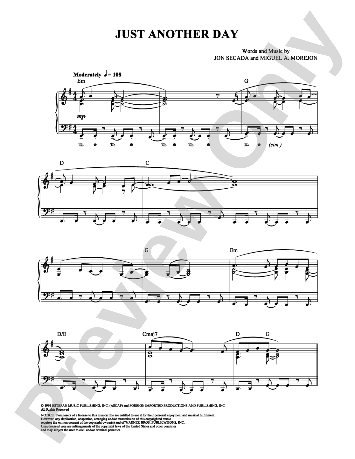 Just Another Day: Piano/Vocal/Chords Digital Sheet Music