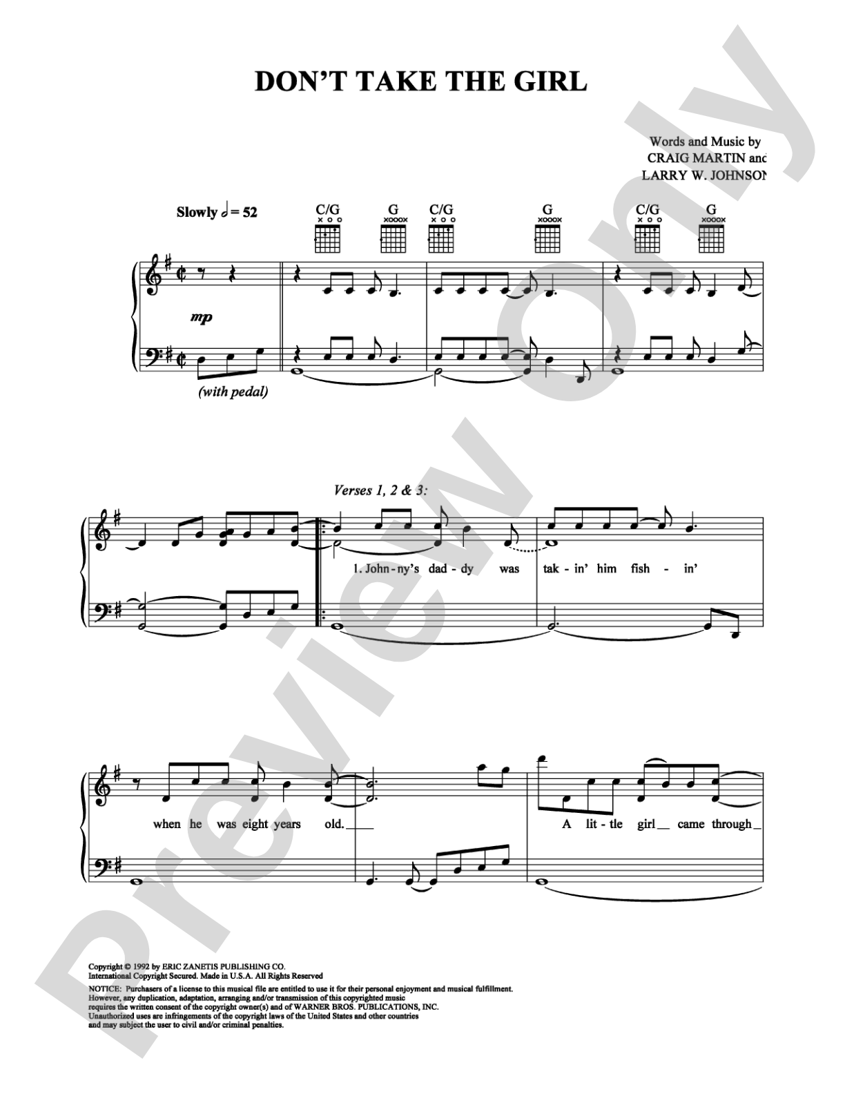 Don't Take the Girl: Piano/Vocal/Chords Digital Sheet Music